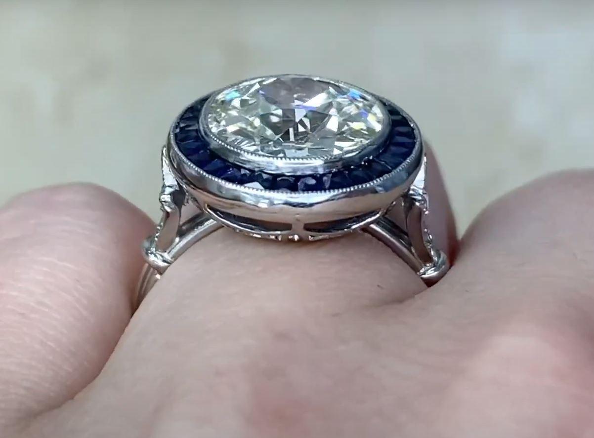 4.26ct Old European Cut Antique Diamond Engagement Ring, Sapphire Halo, Platinum For Sale 2