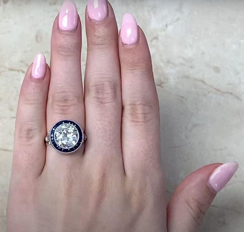 4.26ct Old European Cut Antique Diamond Engagement Ring, Sapphire Halo, Platinum For Sale 3