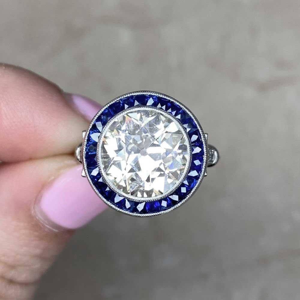 4.26ct Old European Cut Antique Diamond Engagement Ring, Sapphire Halo, Platinum For Sale 4