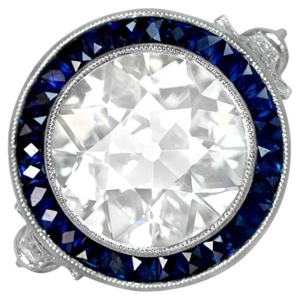 4.26ct Old European Cut Antique Diamond Engagement Ring, Sapphire Halo, Platinum