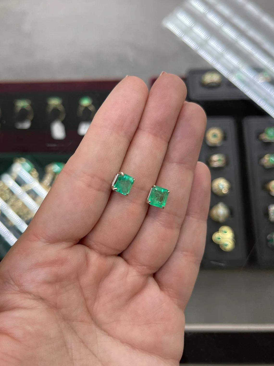 4.26tcw 14K Colombian Emerald-Asscher Cut White Gold Four Prong Stud Earrings In New Condition For Sale In Jupiter, FL