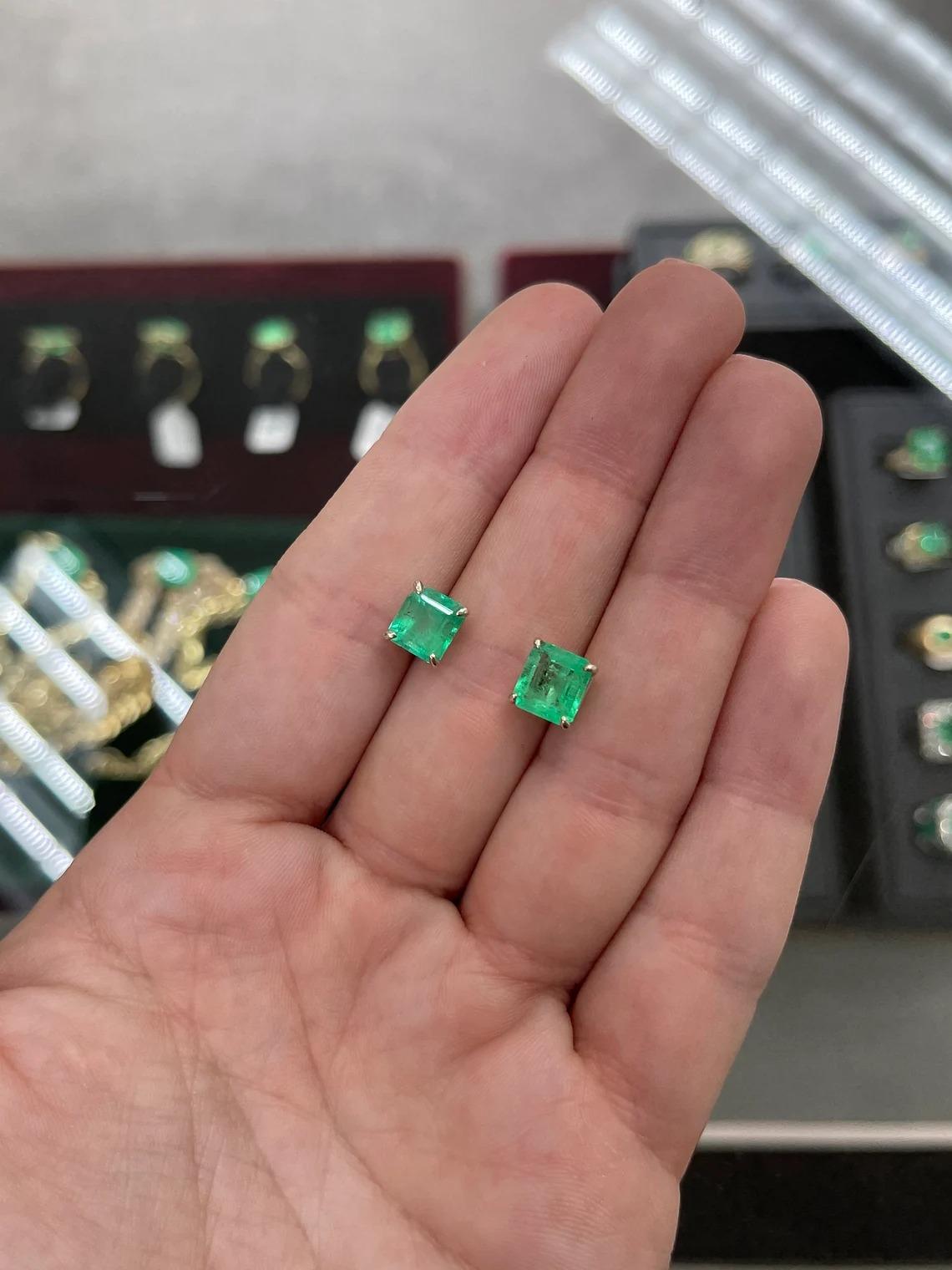 Women's or Men's 4.26tcw 14K Colombian Emerald-Asscher Cut White Gold Four Prong Stud Earrings For Sale