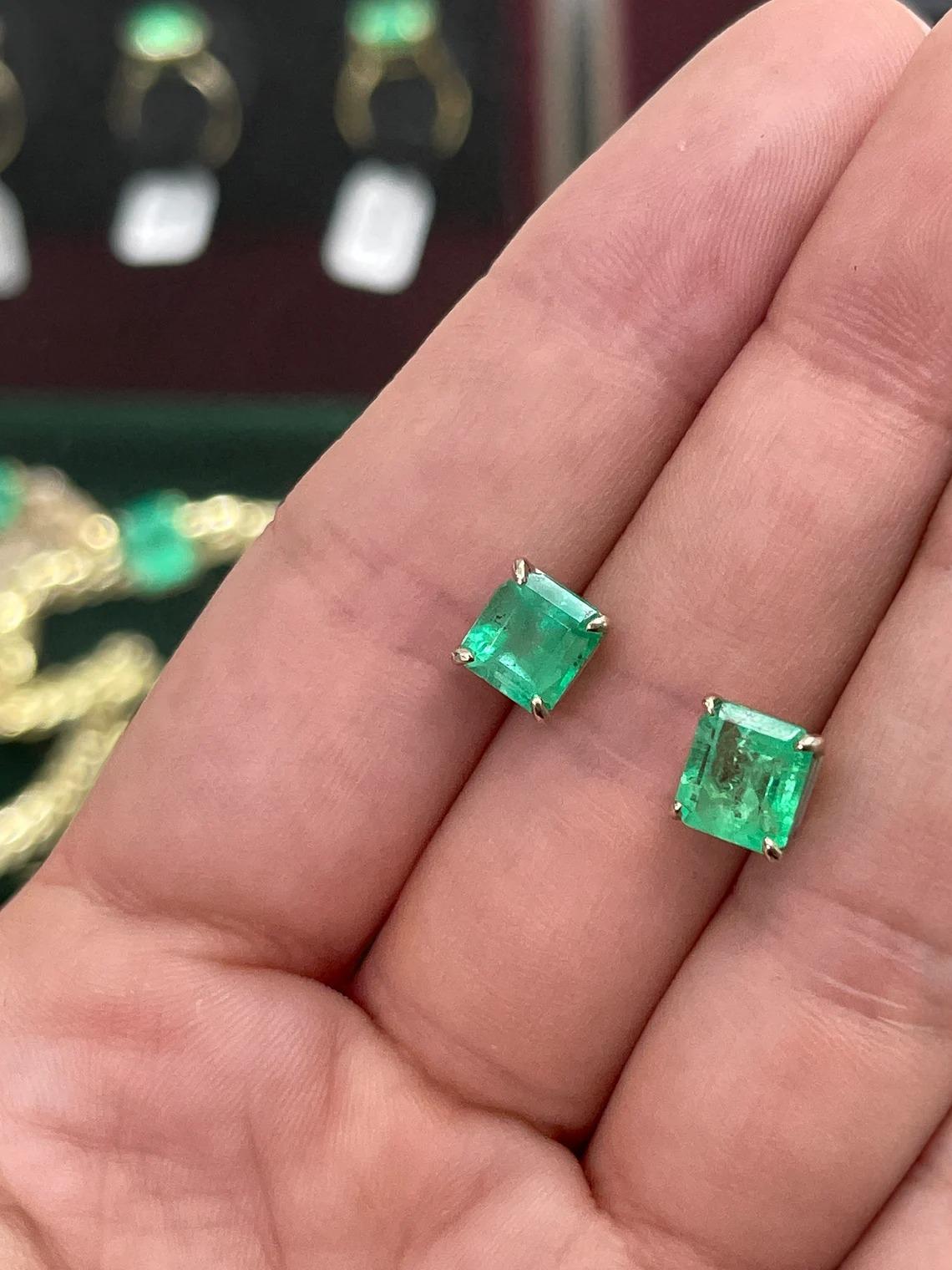 4.26tcw 14K Colombian Emerald-Asscher Cut White Gold Four Prong Stud Earrings For Sale 1