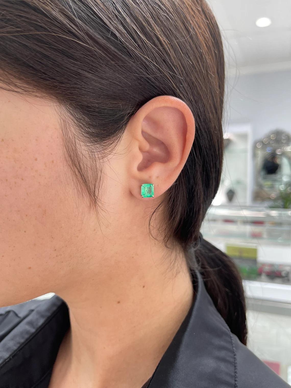 4.26tcw 14K Colombian Emerald-Asscher Cut White Gold Four Prong Stud Earrings For Sale 4