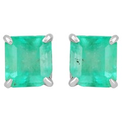 4.26tcw 14K Colombian Emerald-Asscher Cut White Gold Four Prong Stud Earrings