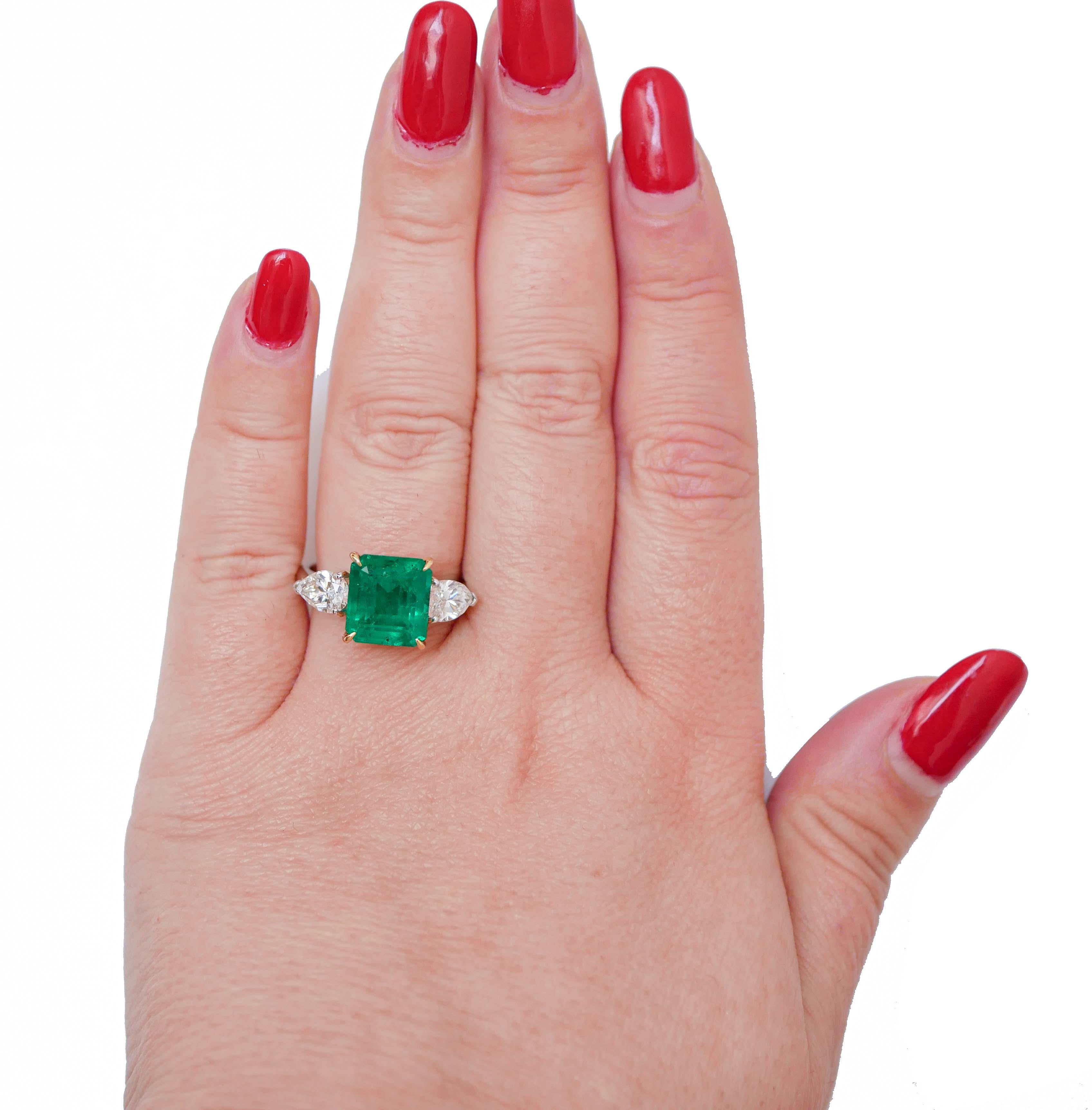 Mixed Cut 4.27 Carat Emerald, Diamonds, 18 Karat White Gold Ring. For Sale