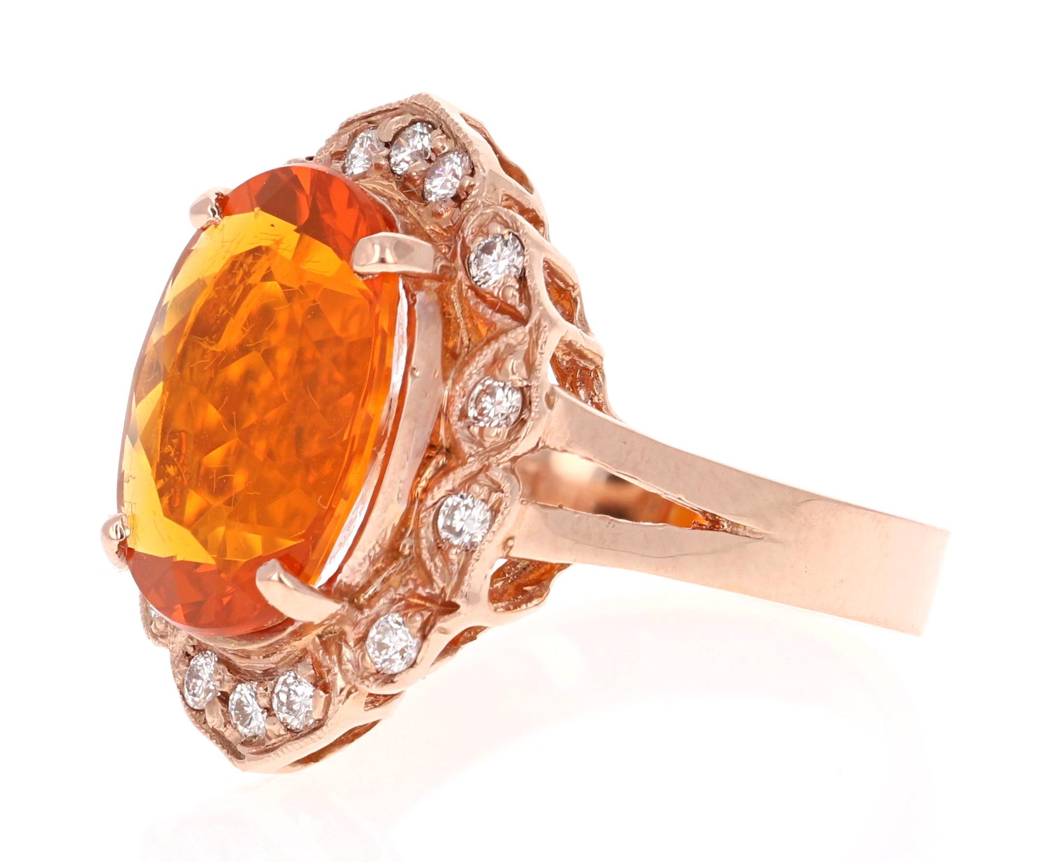 Oval Cut 4.27 Carat Fire Opal Diamond 14K Rose Gold Ring