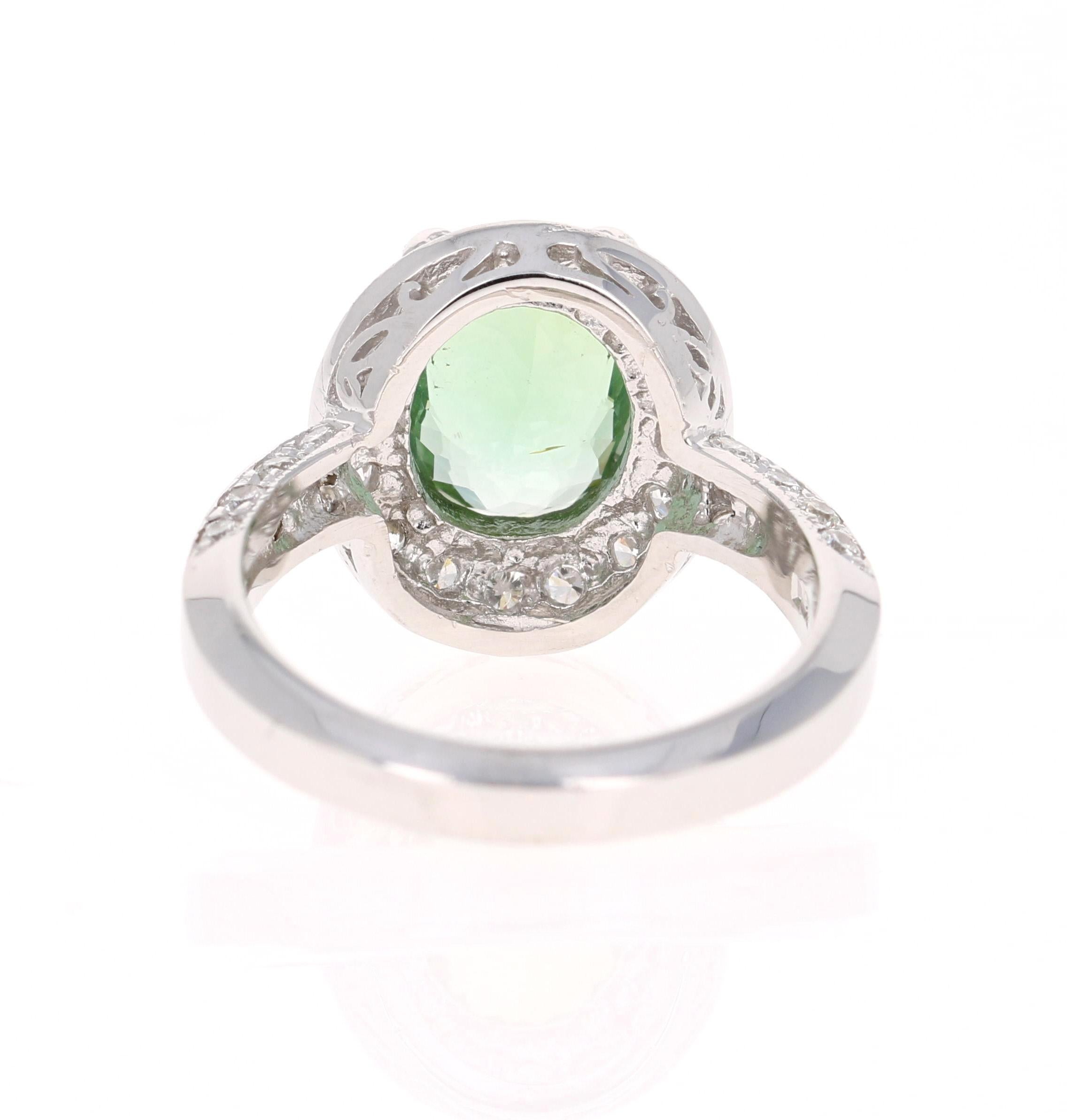 Oval Cut 4.27 Carat Green Tourmaline Diamond White Gold Statement Ring For Sale
