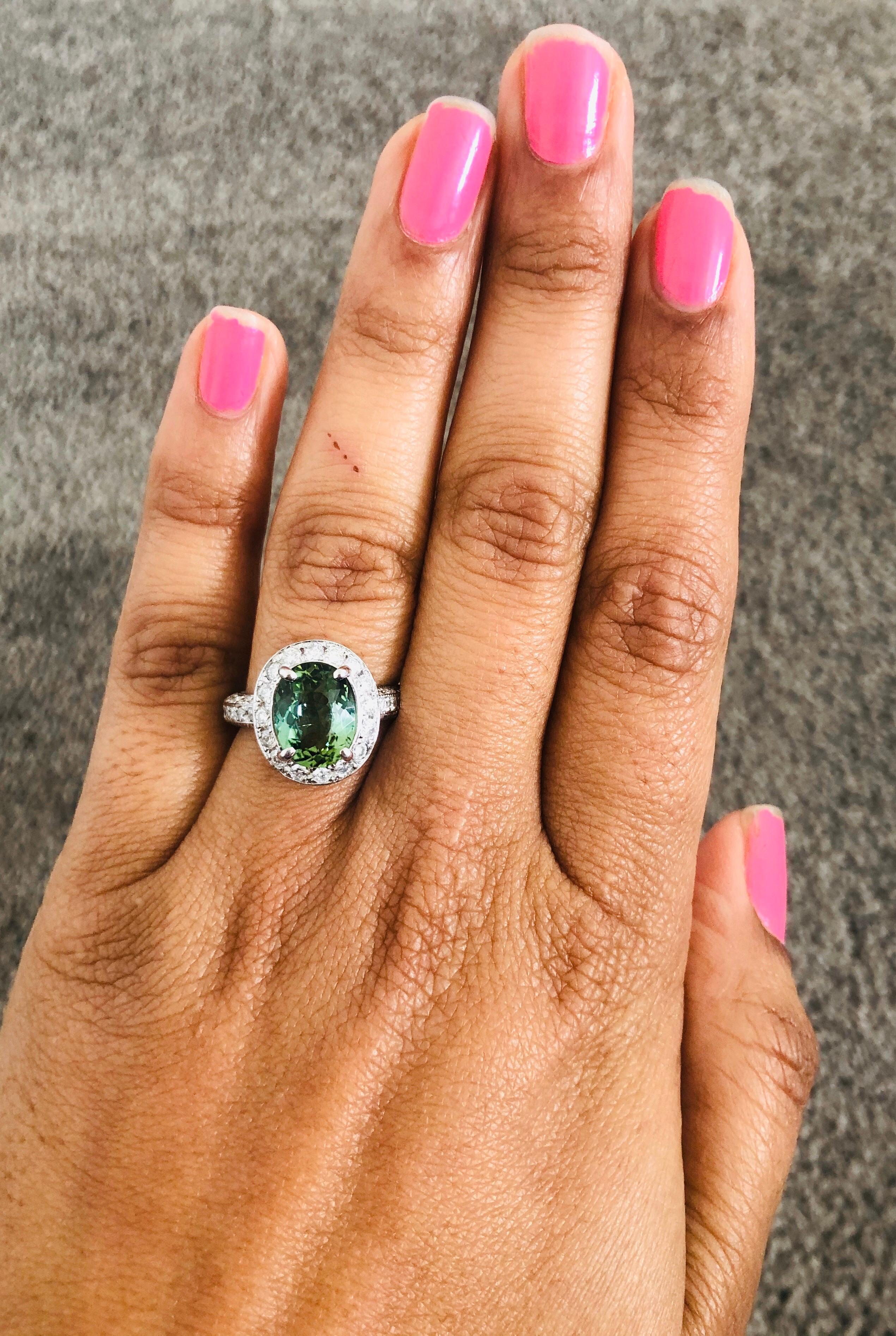 Women's 4.27 Carat Green Tourmaline Diamond White Gold Statement Ring For Sale