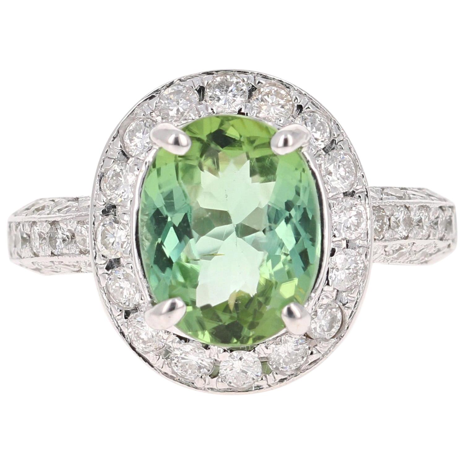 4.27 Carat Green Tourmaline Diamond White Gold Statement Ring For Sale