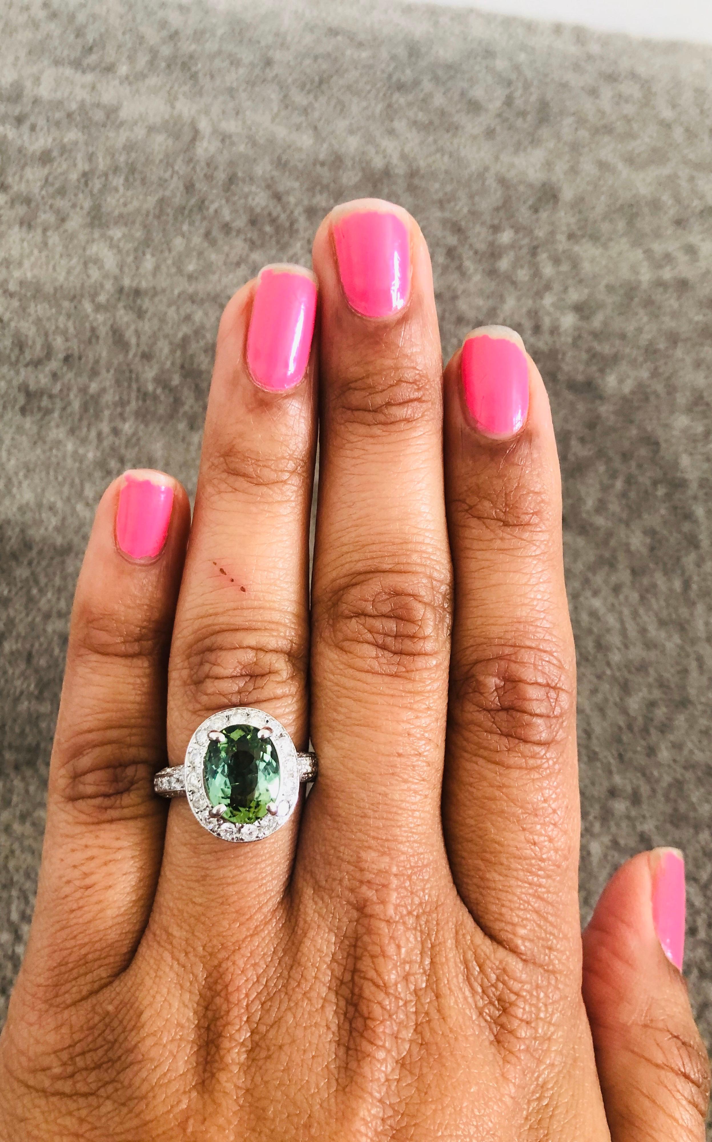 4.27 Carat Green Tourmaline Diamond White Gold Cocktail Ring In New Condition For Sale In Los Angeles, CA