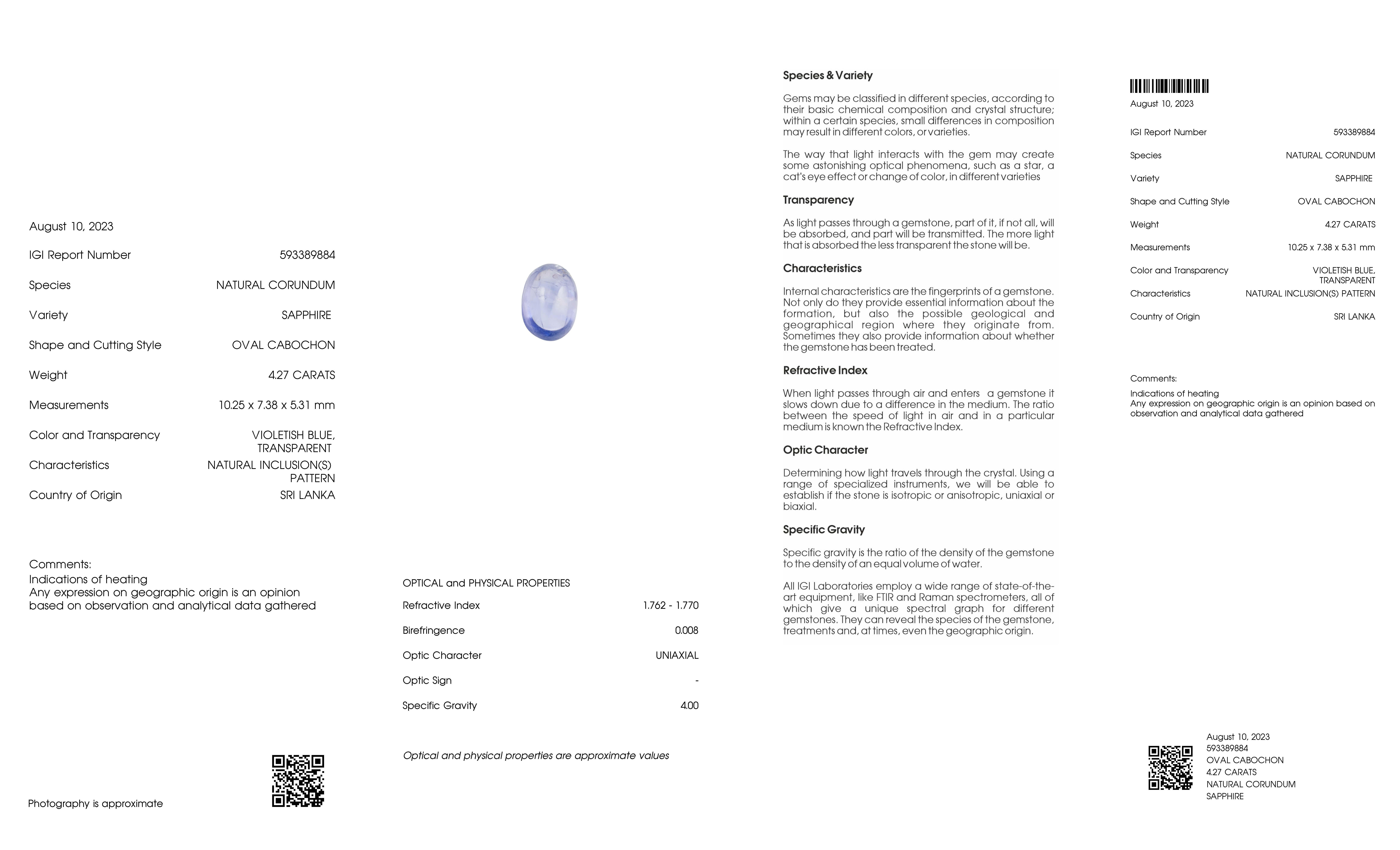 4.27 Carat IGI Certified Natural Sri Lanka Oval Cabochon Violetish Blue Sapphire For Sale 3