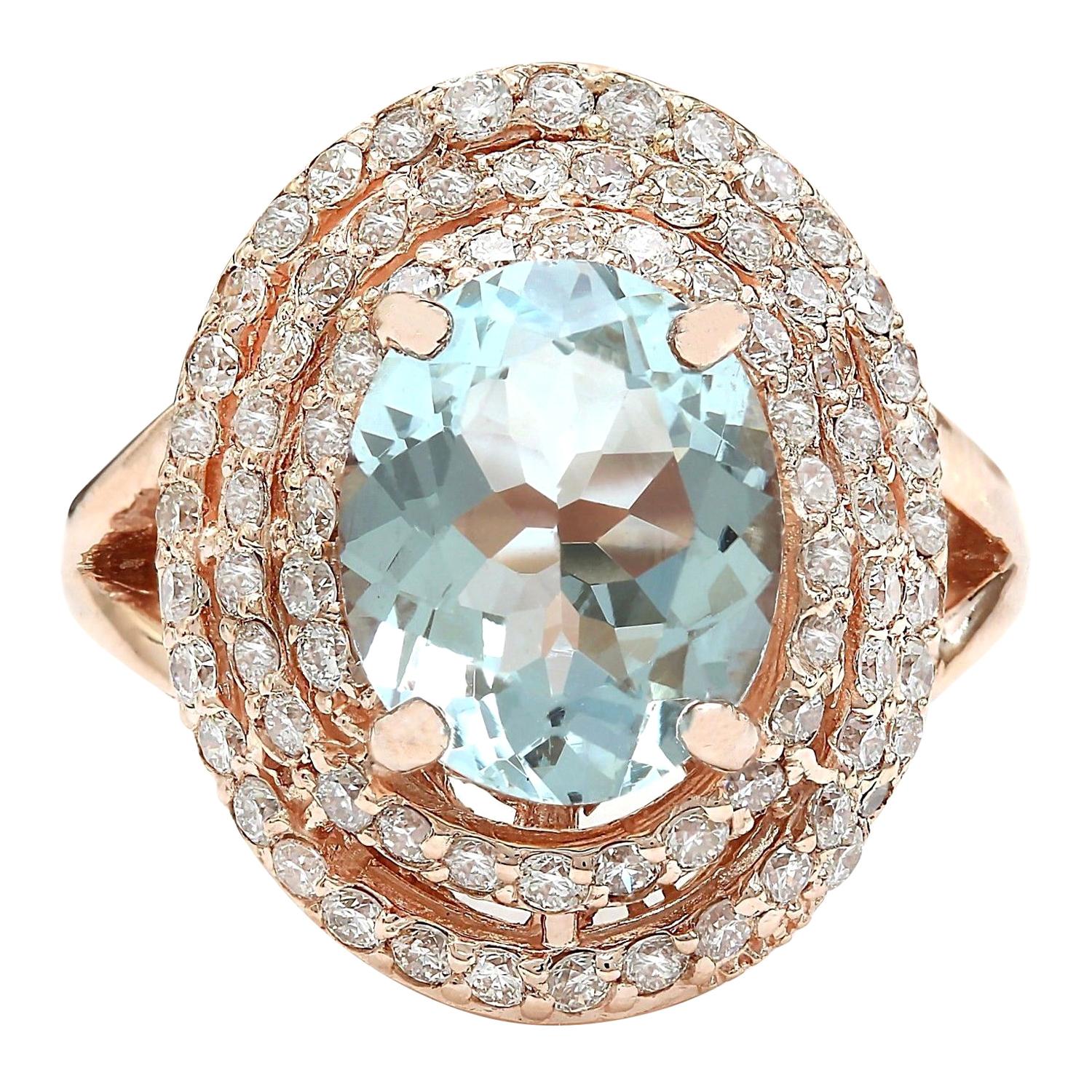 Aquamarine Diamond Ring In 14 Karat Solid Rose Gold  For Sale