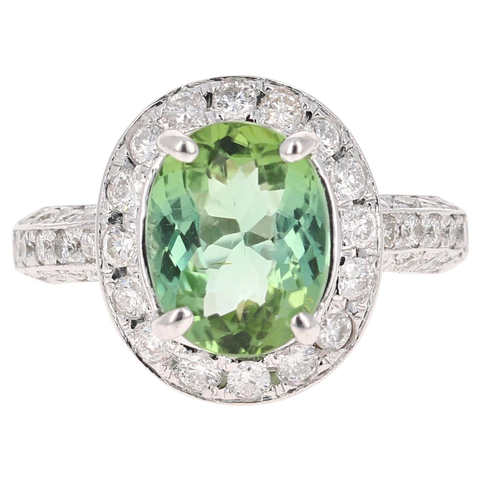 4.27 Carat Natural Green Tourmaline Diamond White Gold Cocktail Ring