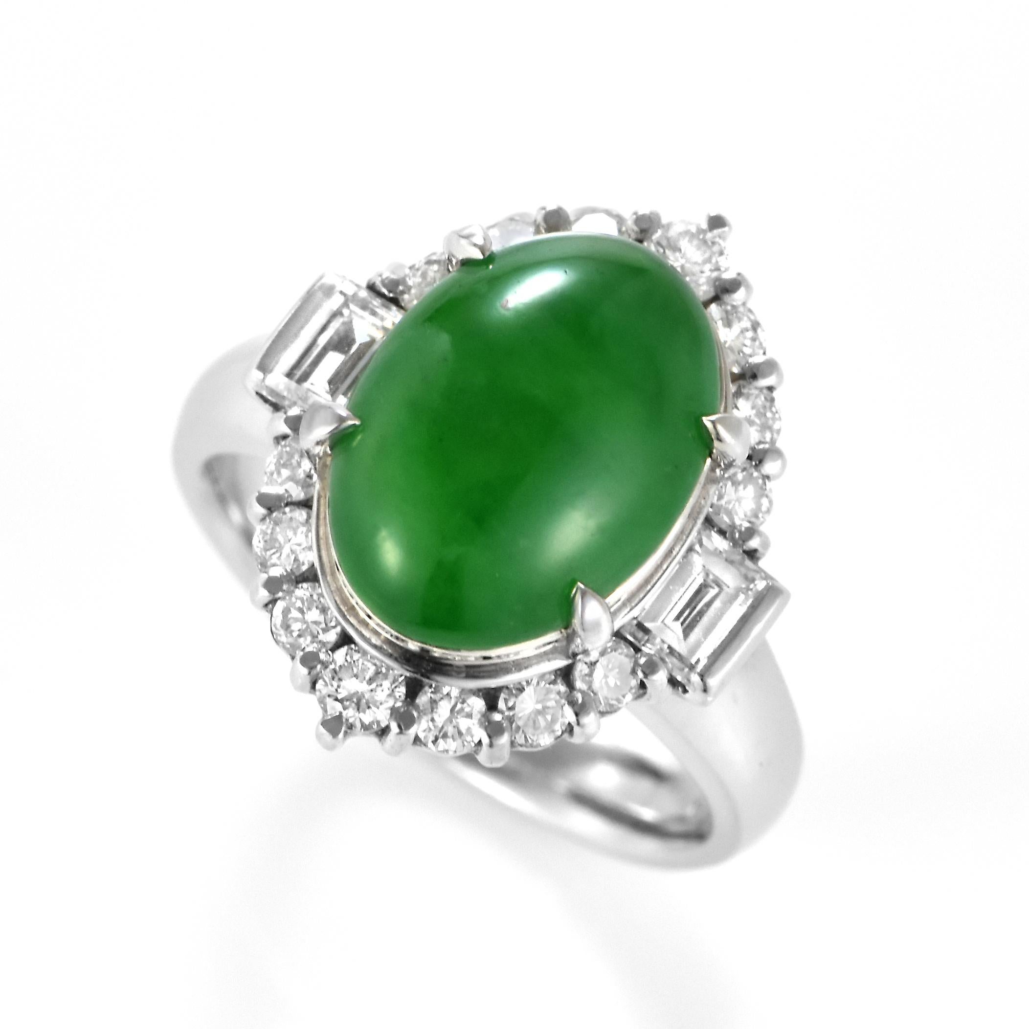 A beautiful Ring featuring a 4.27 Carat, Natural, Non-dyed Jadeite and 1.00 Carats of Diamond Accents set in Platinum. Jadeite has been cherished for millennia. Its nature is pure and enduring, yet sensuous and luxurious. Jadeite’s exceptional look
