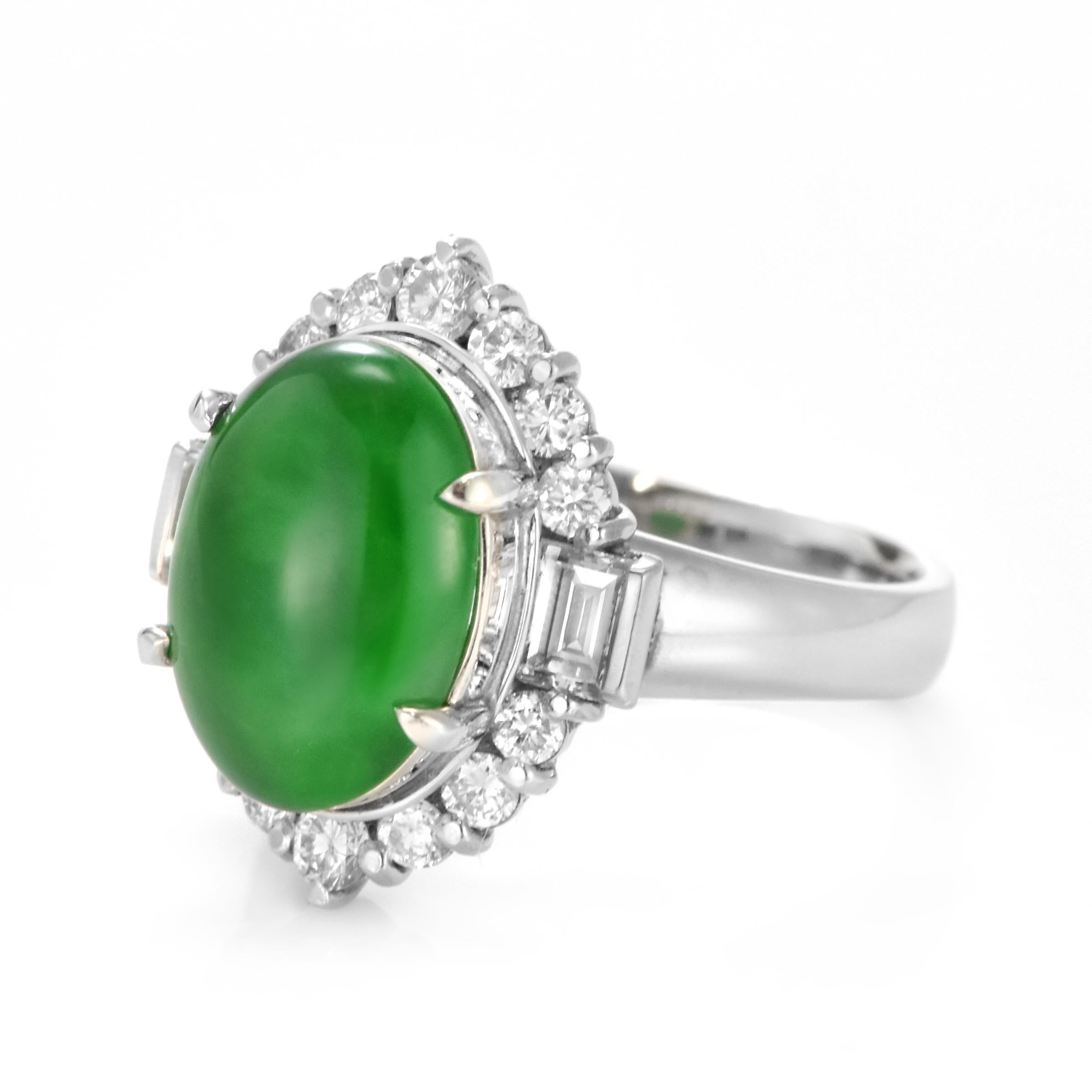 Modern 4.27 Carat Natural Type A Jade and Diamond Ring Made in Platinum For Sale