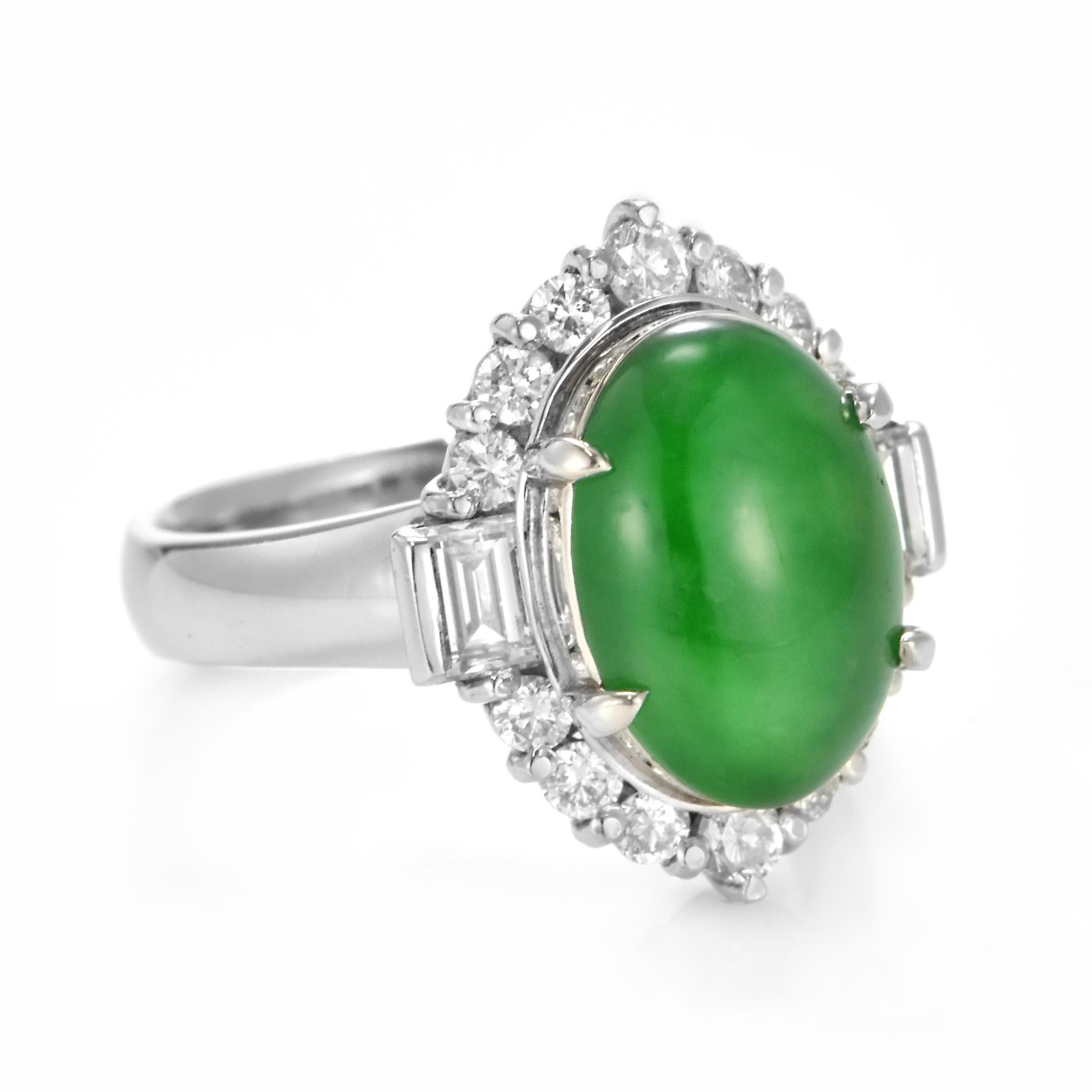 Cabochon 4.27 Carat Natural Type A Jade and Diamond Ring Made in Platinum For Sale