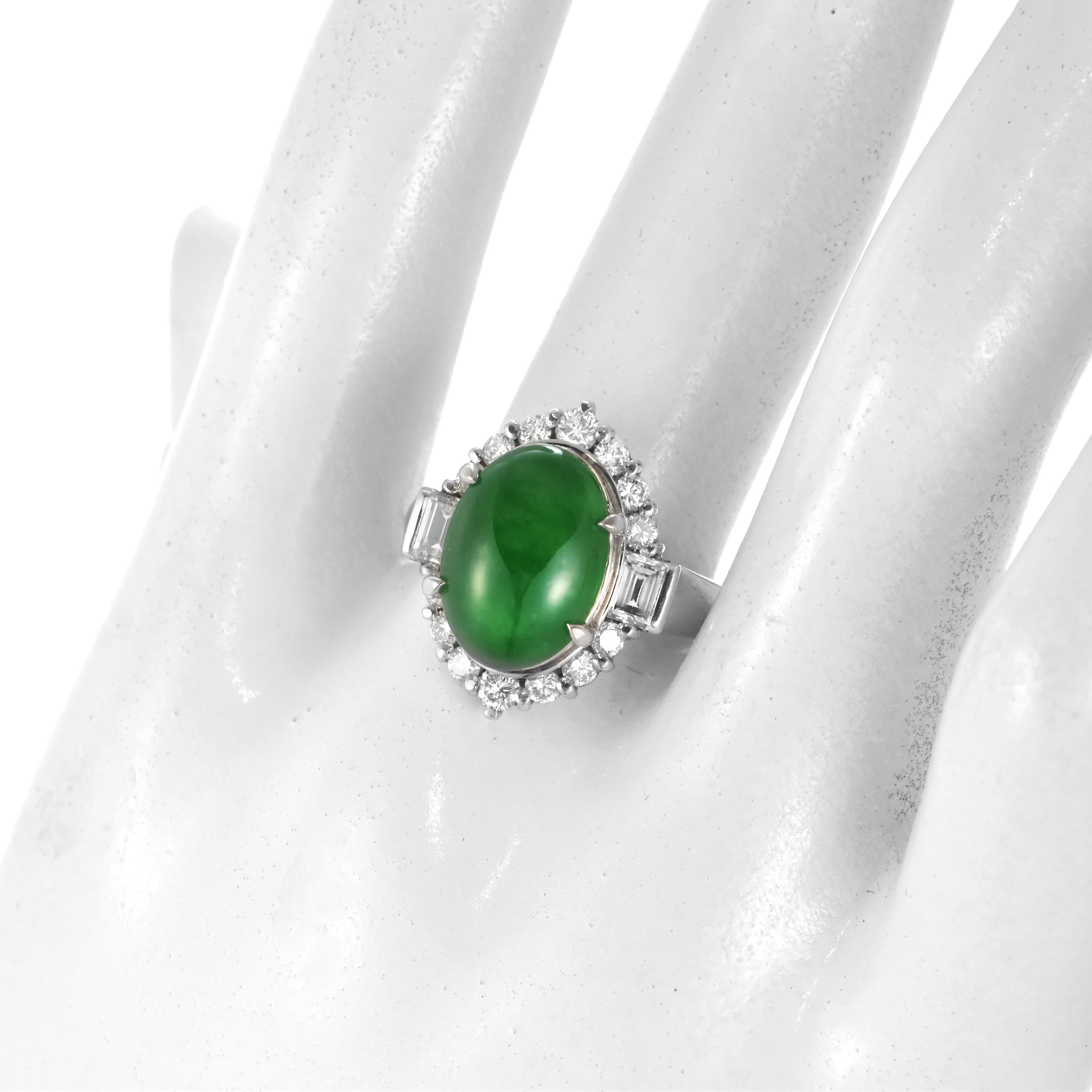 Women's 4.27 Carat Natural Type A Jade and Diamond Ring Made in Platinum For Sale