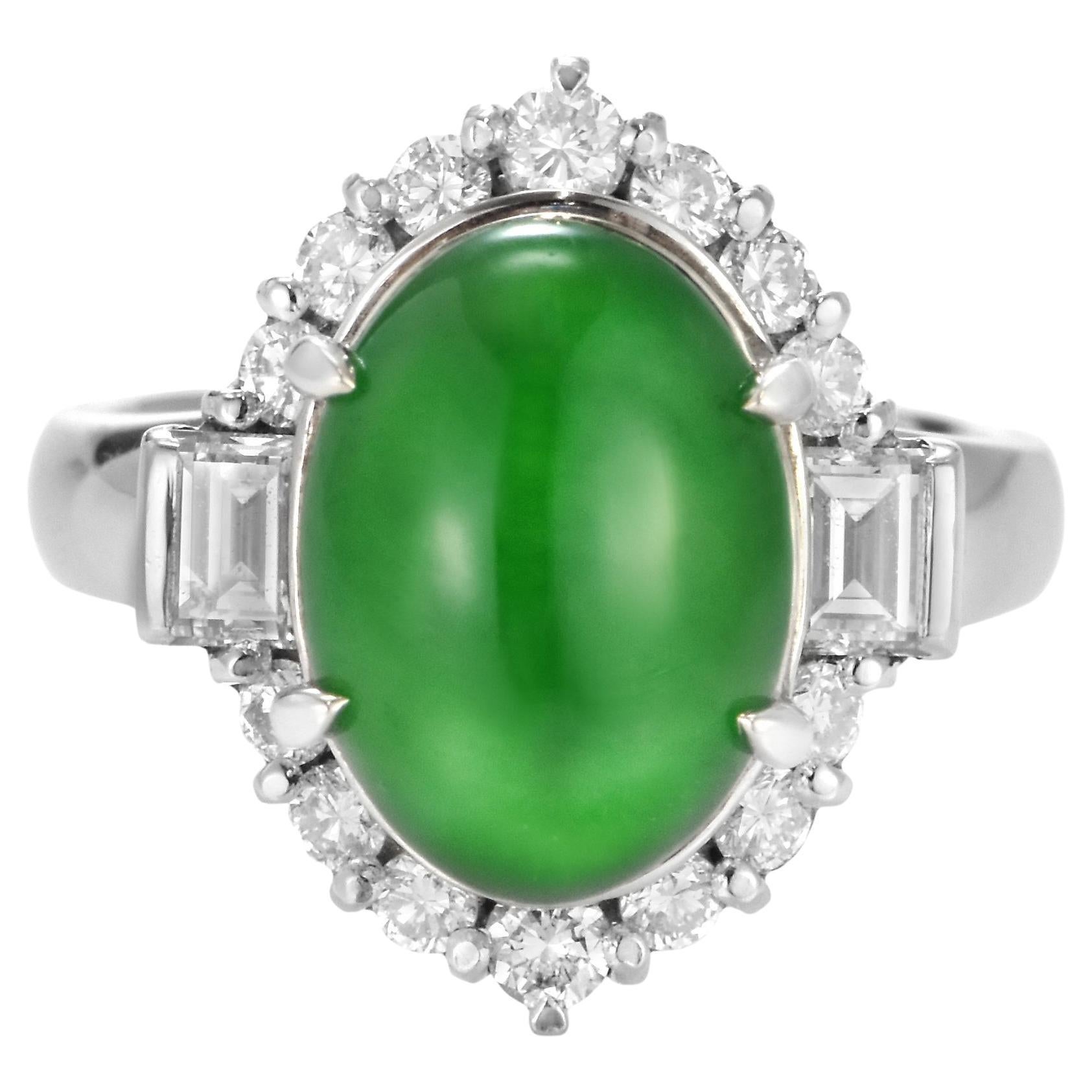 4.27 Carat Natural Type A Jade and Diamond Ring Made in Platinum