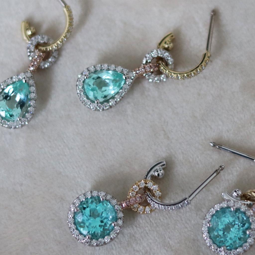 4.27 Carat Neon Paraiba Tourmaline White & Pink Diamond Halo Charm Earrings In New Condition For Sale In Antwerp, BE