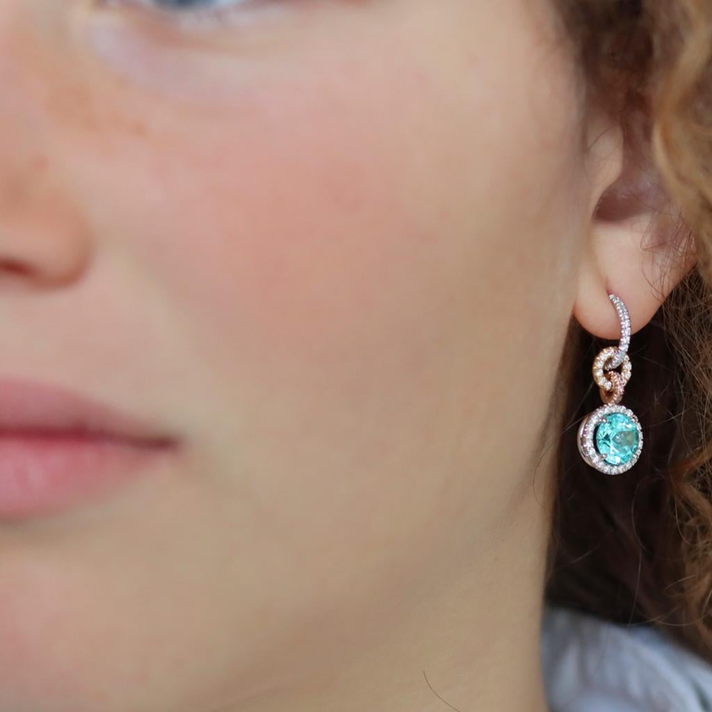 4.27 Carat Neon Paraiba Tourmaline White & Pink Diamond Halo Charm Earrings For Sale 3