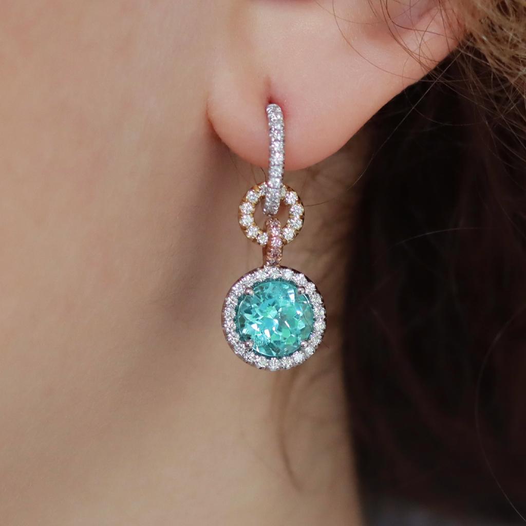4.27 Carat Neon Paraiba Tourmaline White & Pink Diamond Halo Charm Earrings For Sale 2