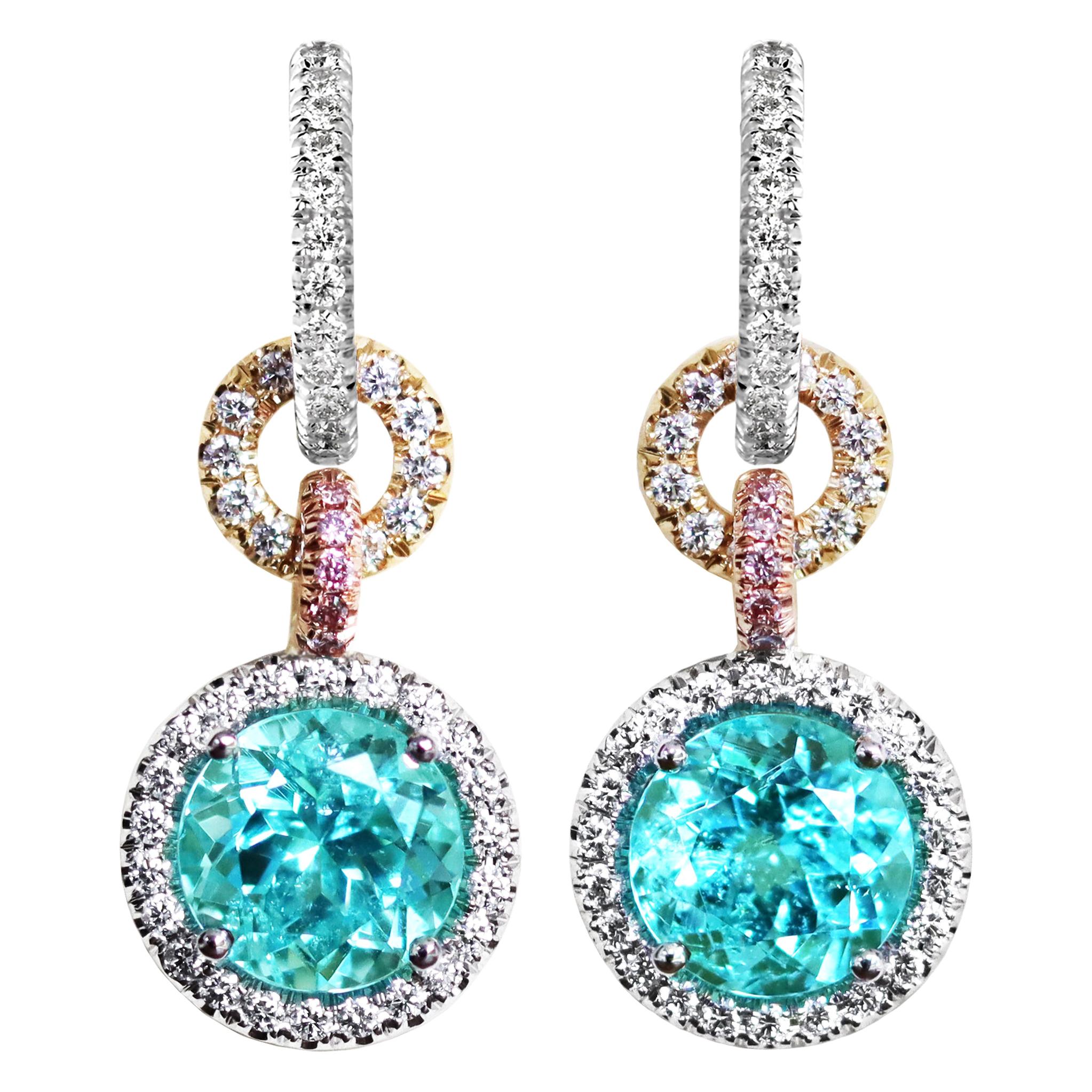 4.27 Carat Neon Paraiba Tourmaline White & Pink Diamond Halo Charm Earrings