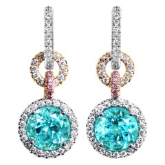 Vintage 4.27 Carat Neon Paraiba Tourmaline White & Pink Diamond Halo Charm Earrings