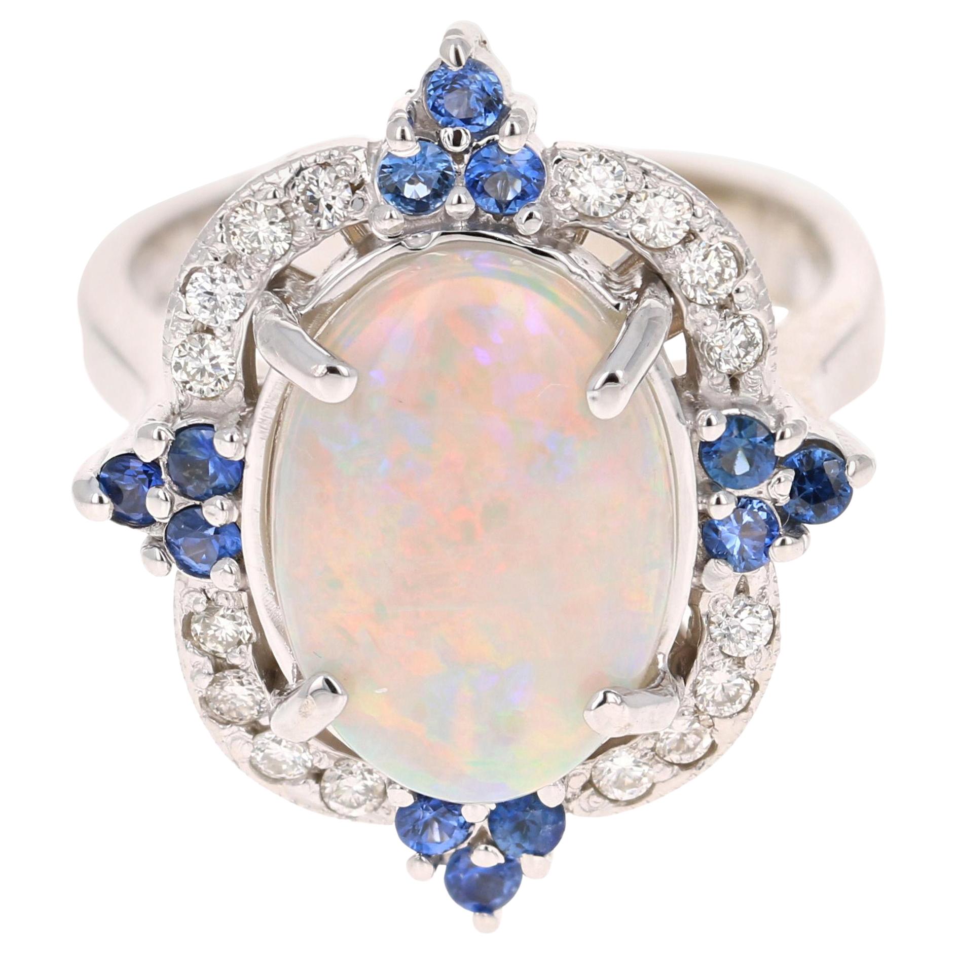 4.27 Carat Opal Blue Sapphire Diamond 14 Karat White Gold Ring