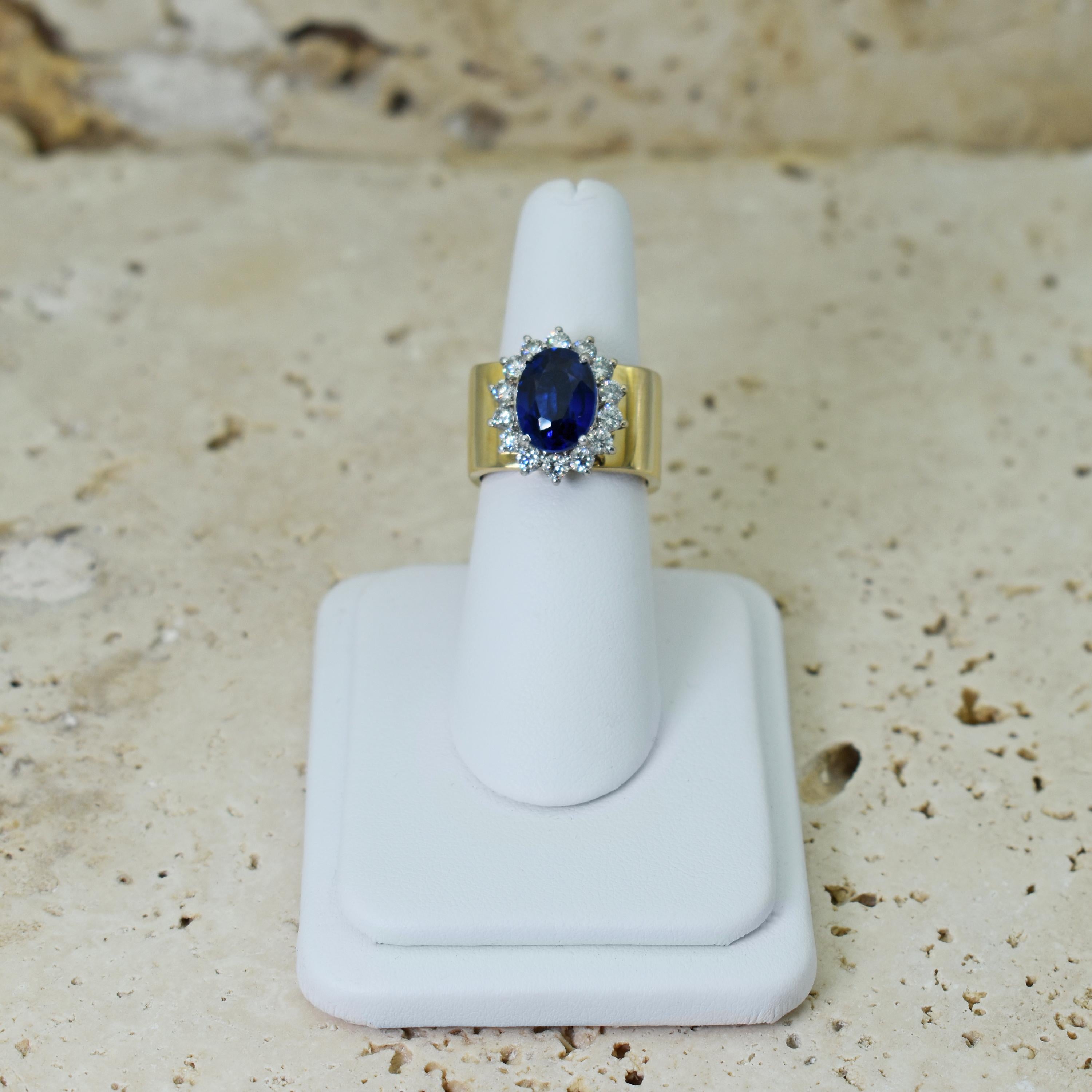 4.27 Carat Oval Blue Sapphire and Diamond Halo 14k Gold Cocktail Ring For Sale 2
