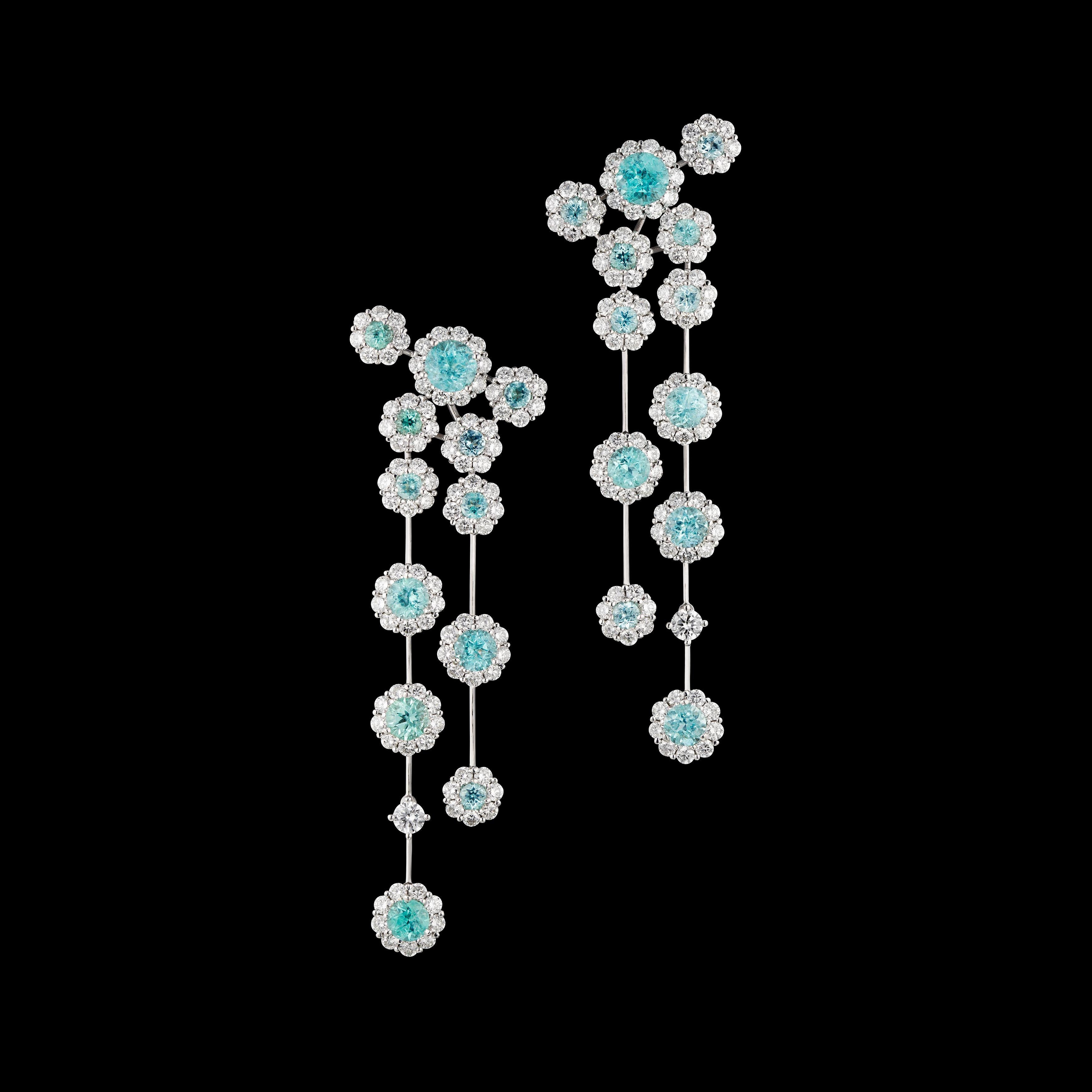 Paraiba Tourmaline and diamond flower dangle earrings 