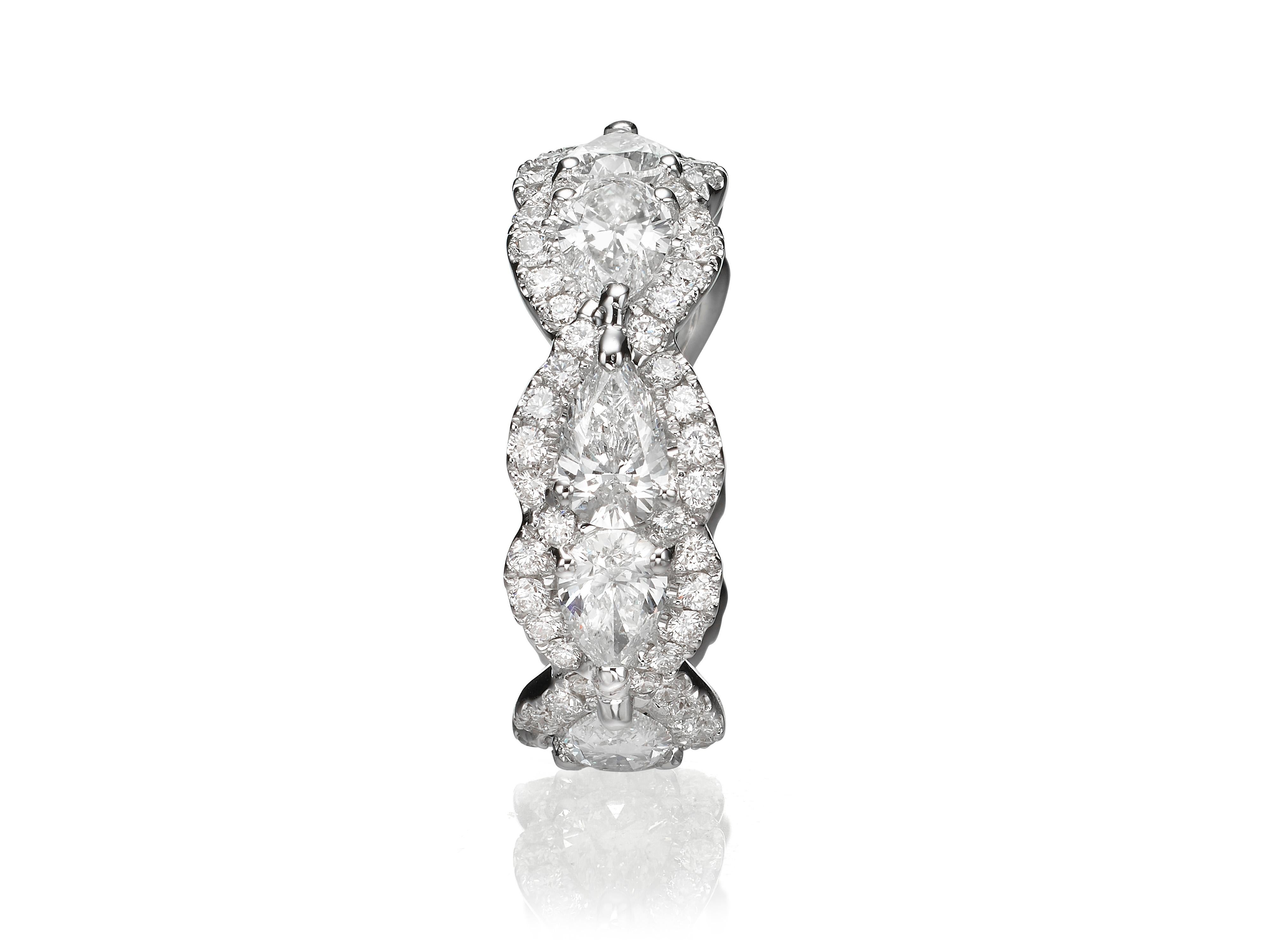 Contemporary 4.27 Carat Pear Shape Diamond 18 Karat White Gold Eternity Bang Ring For Sale