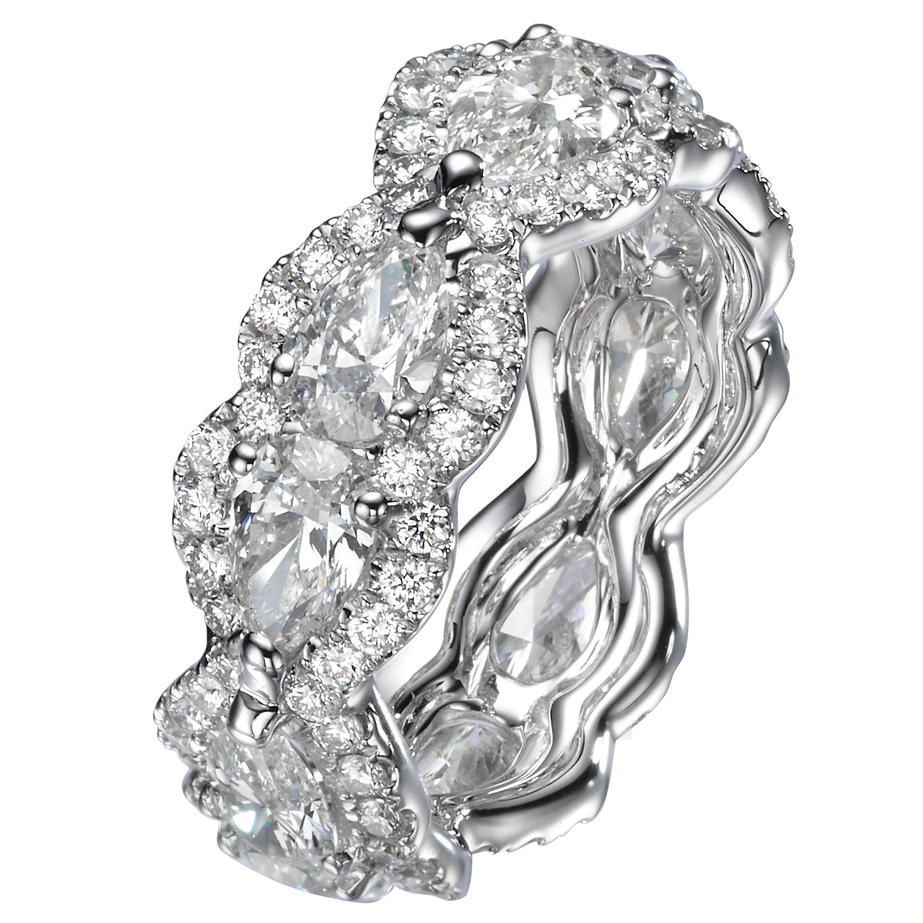 4.27 Carat Pear Shape Diamond 18 Karat White Gold Eternity Bang Ring For Sale