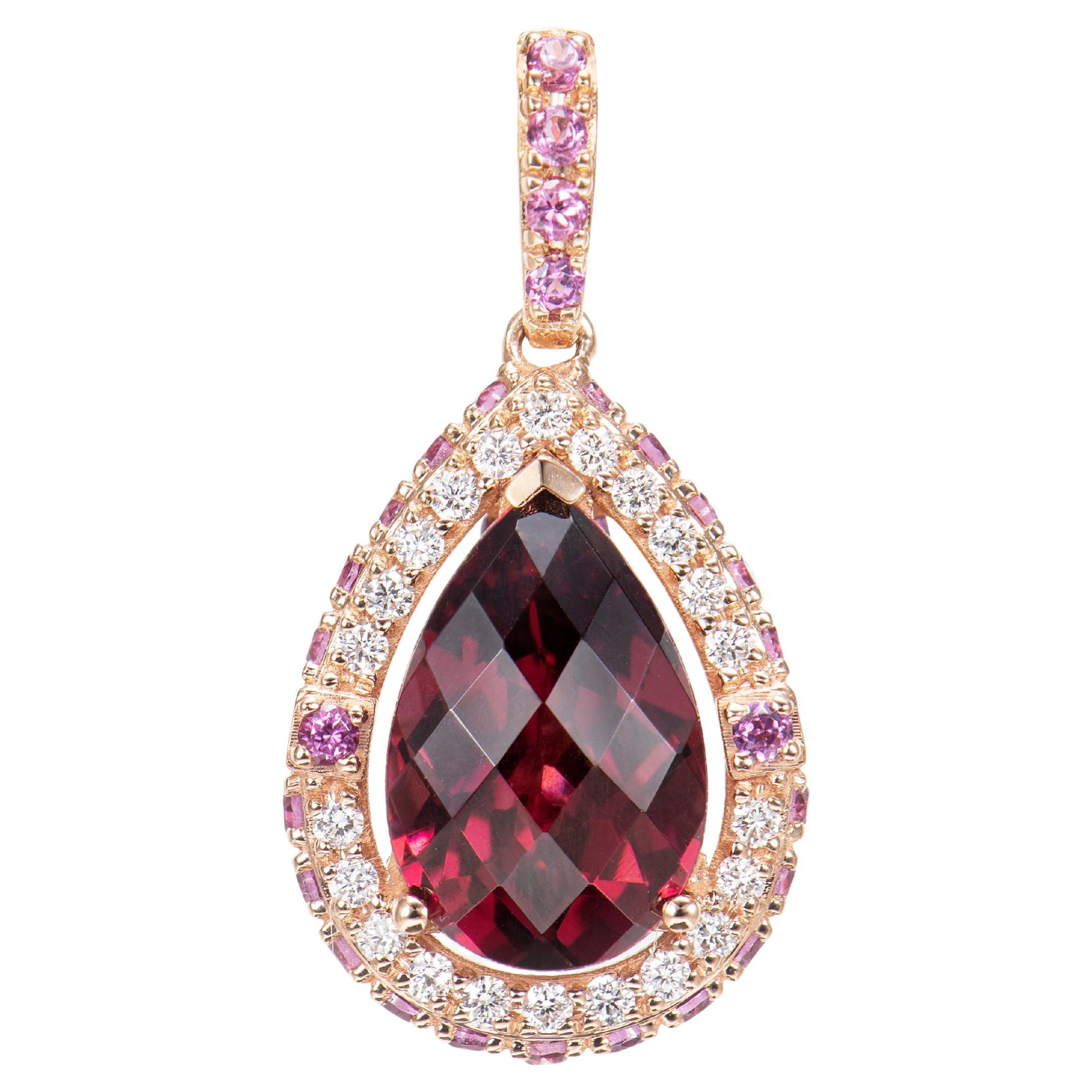 4.27 Carat Rhodolite Pendant in 18 Karat Rose Gold with Diamond