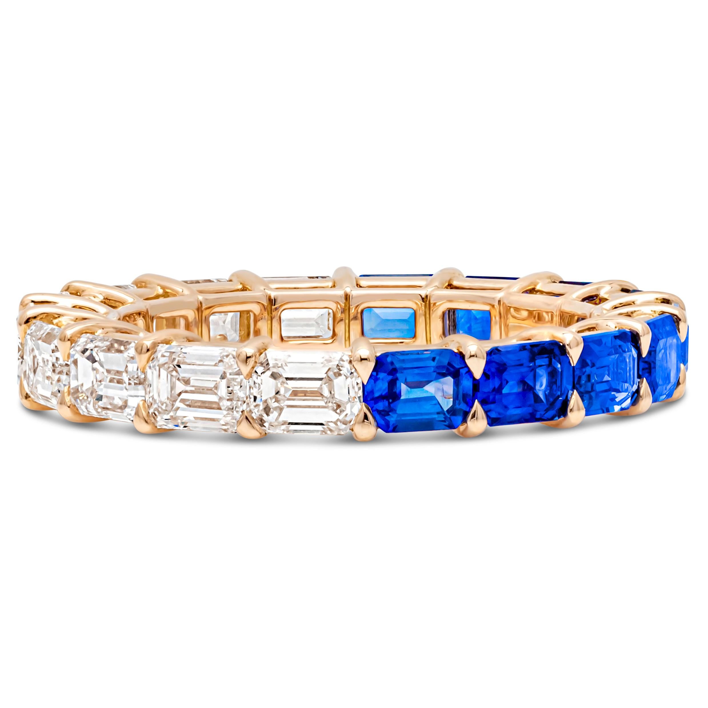 An appealing eternity wedding band style showcasing a color-rich 9 octagon cut blue sapphires weighing 2.10 carats total and 9 brilliant emerald cut diamonds weighing 2.17 carats total, set in a shared prong setting. Eternity set in an open gallery