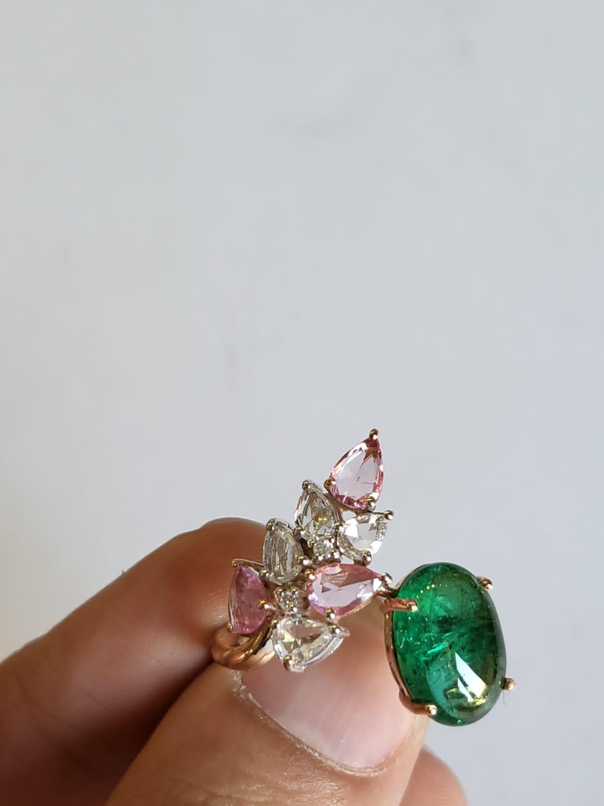 Modern 4.27 carats Zambian Emerald Cabochon, Pink Sapphires & Diamonds Cocktail Ring For Sale