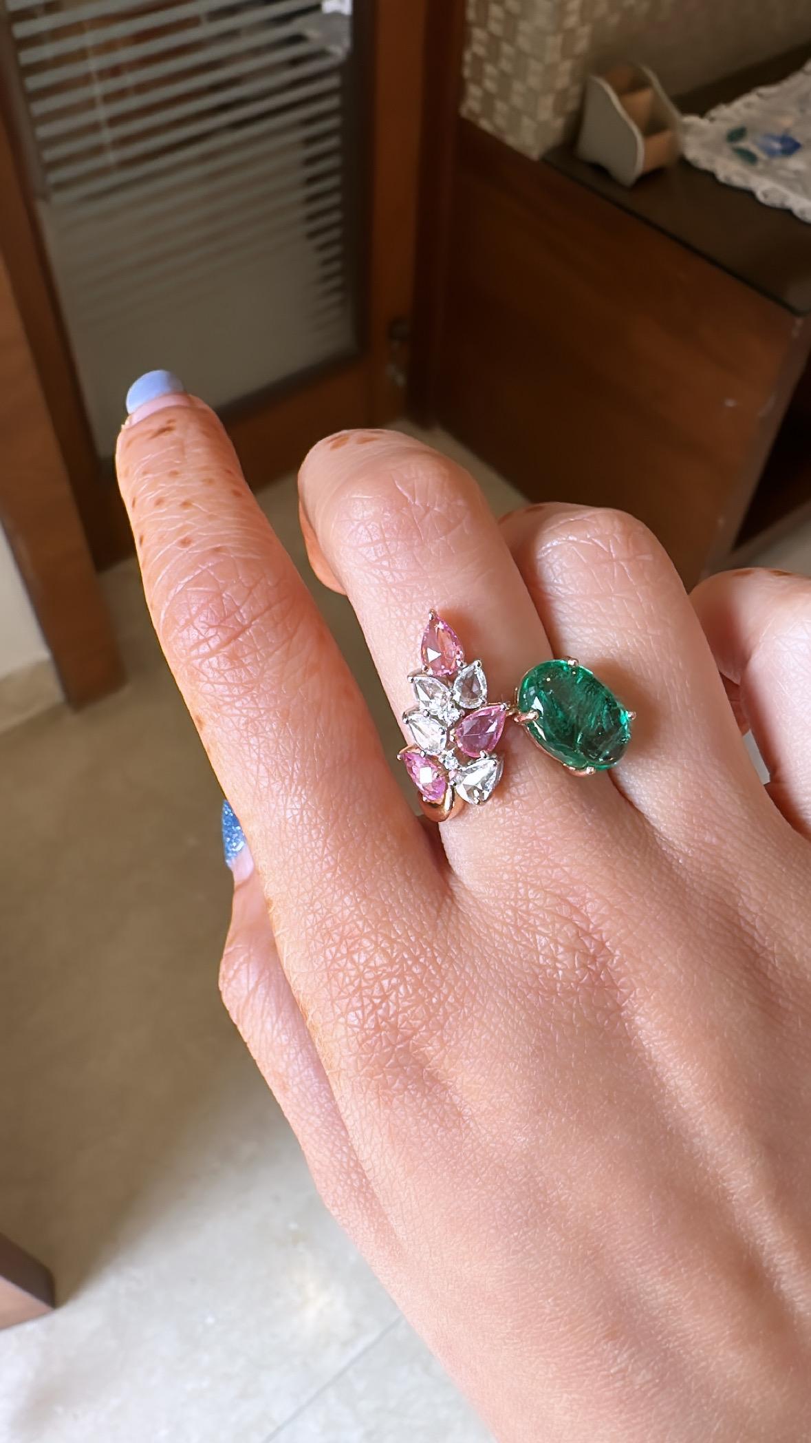 4.27 carats Zambian Emerald Cabochon, Pink Sapphires & Diamonds Cocktail Ring For Sale 2