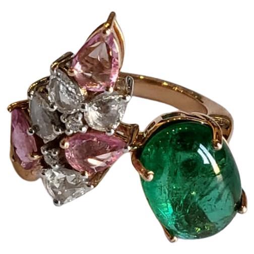 4.27 carats Zambian Emerald Cabochon, Pink Sapphires & Diamonds Cocktail Ring For Sale