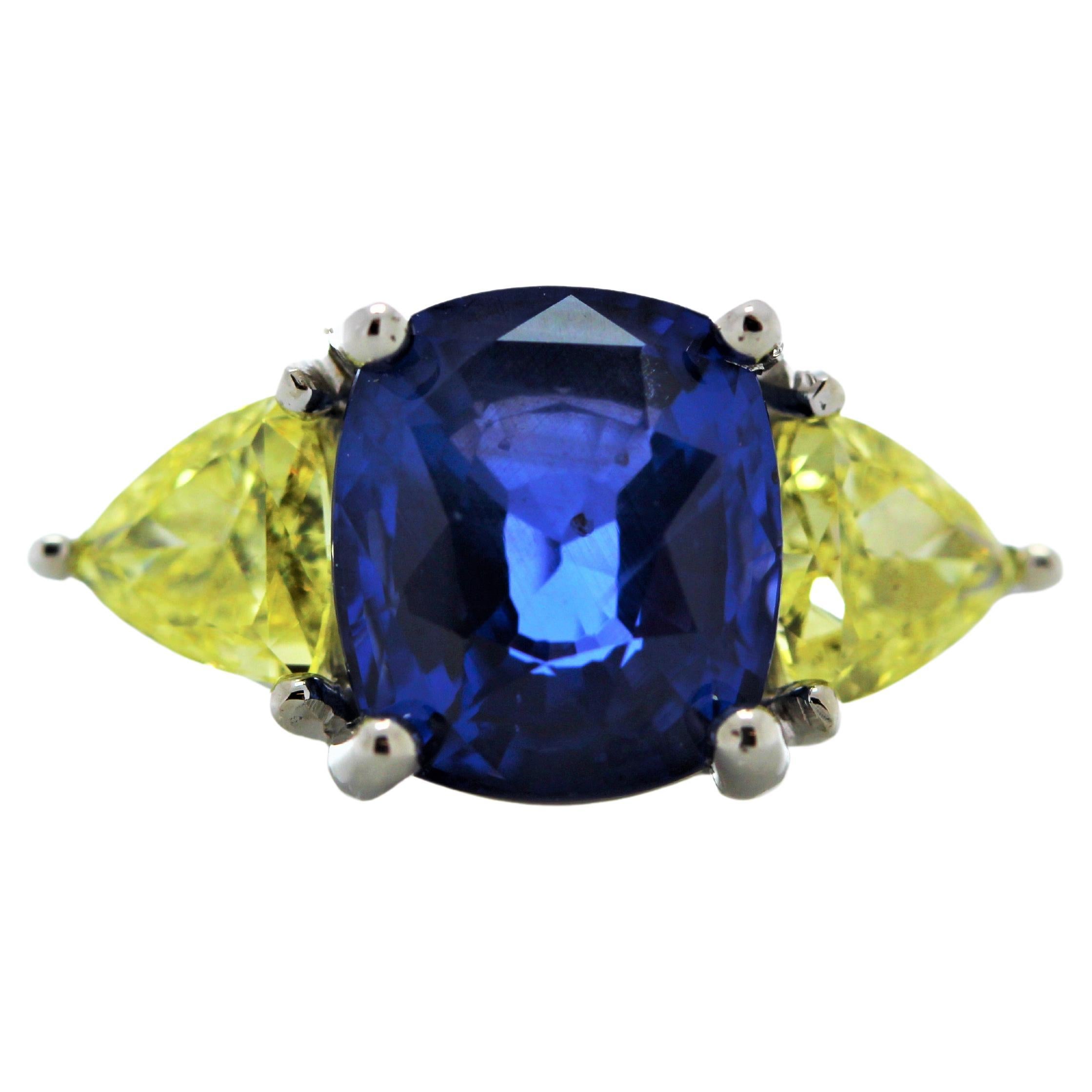 4.27CT Blue Sapphire and .92CTW Diamond Ring in 18K White Gold For Sale