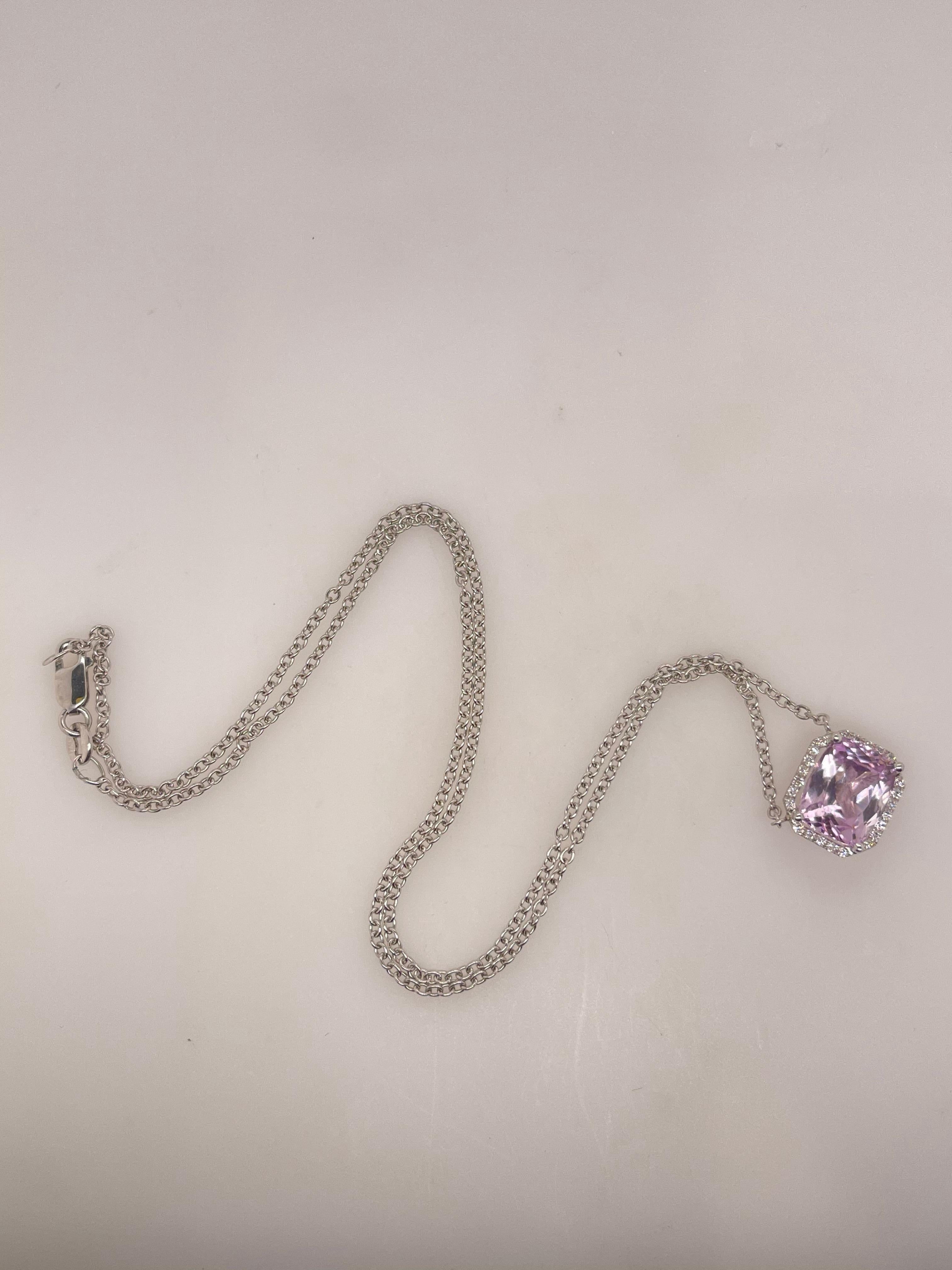 Kunzite & Diamond Necklace 
14kt White Gold 
1 Kunzite= 4.27ct 
30 Diamonds= 0.15ct
16
