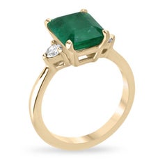 4.27tcw 14K Emerald Cut Emerald & Diamond Three-Stone Ring Vivid Green 585 Gold