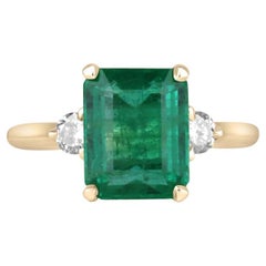 4.27tcw 14K Emerald Cut Emerald & Diamond Three-Stone Ring Vivid Green 585 Gold