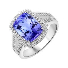 4.28 Carat Genuine Tanzanite and White Diamond 14 Karat White Gold Ring