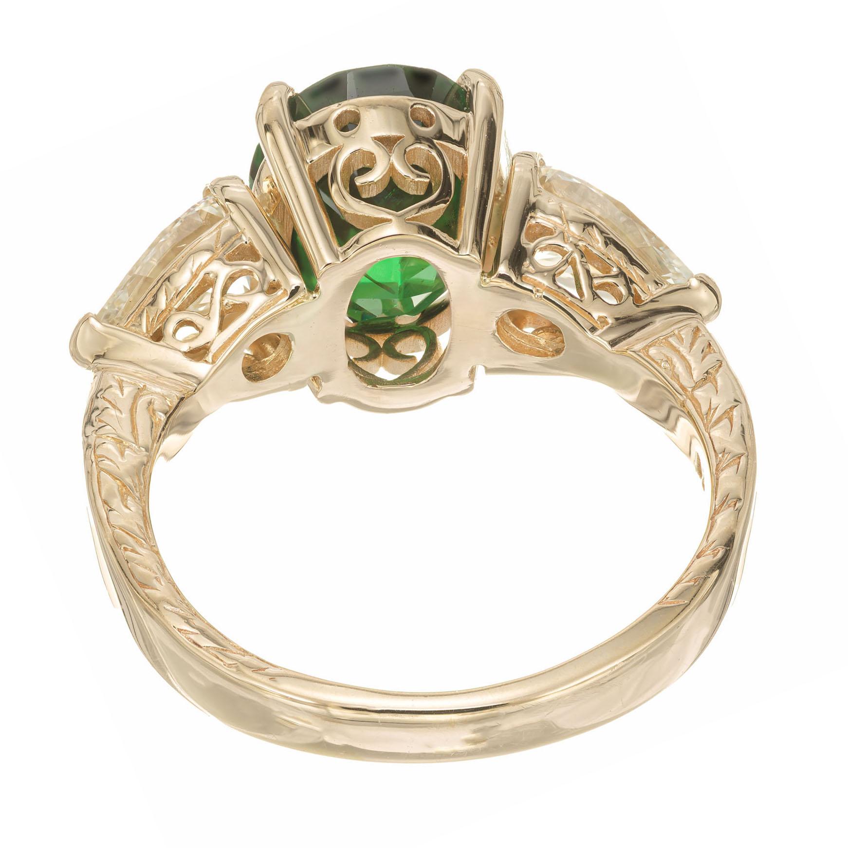 Oval Cut 4.28 Carat Green Tsavorite Garnet Diamond Gold Three Stone Engagement Ring For Sale