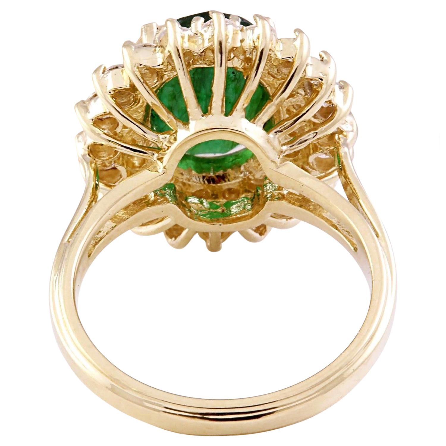 Oval Cut Emerald Diamond Ring In 14 Karat Solid Yellow Gold For Sale