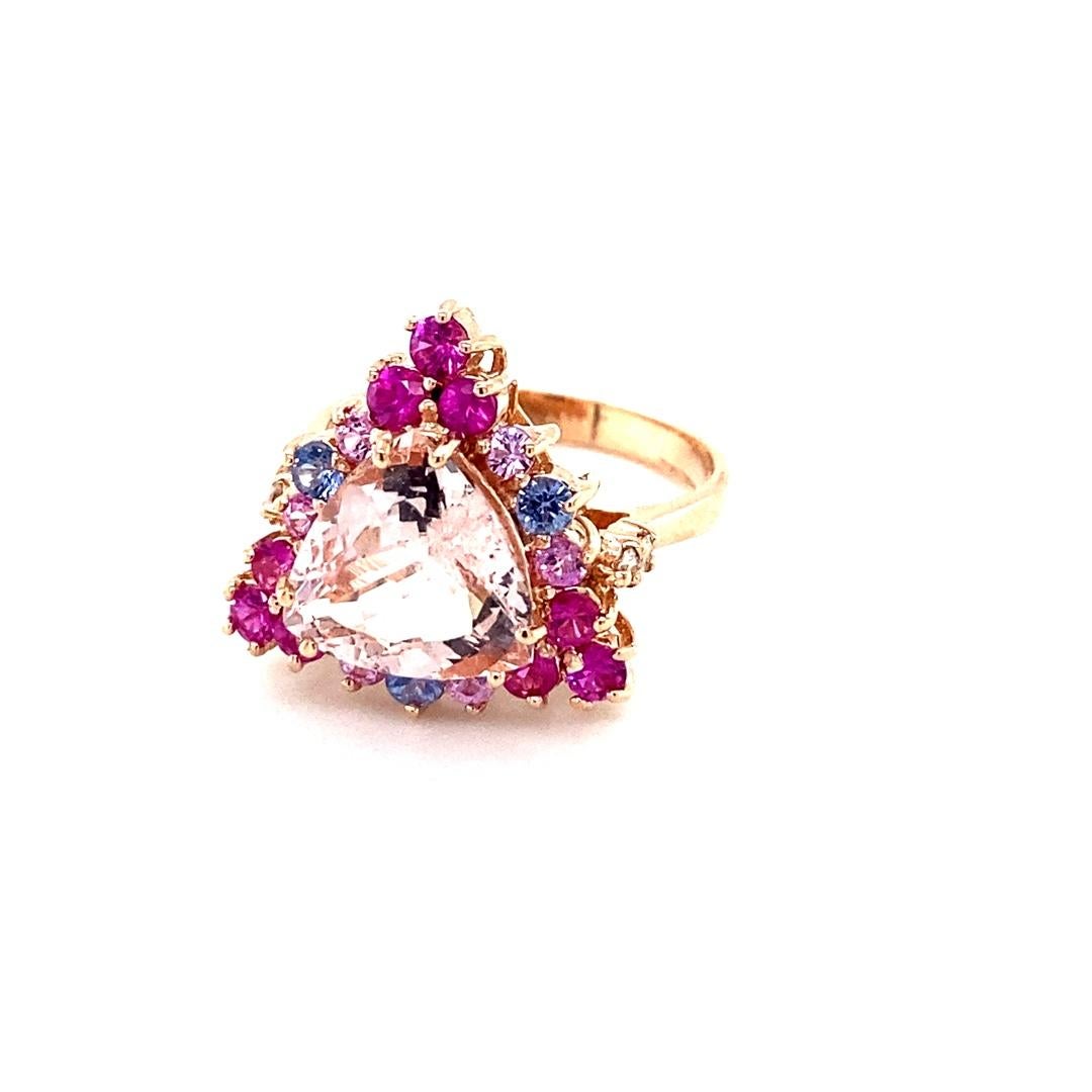 Trillion Cut 4.28 Carat Pink Morganite Diamond Sapphire Rose Gold Cocktail Ring For Sale