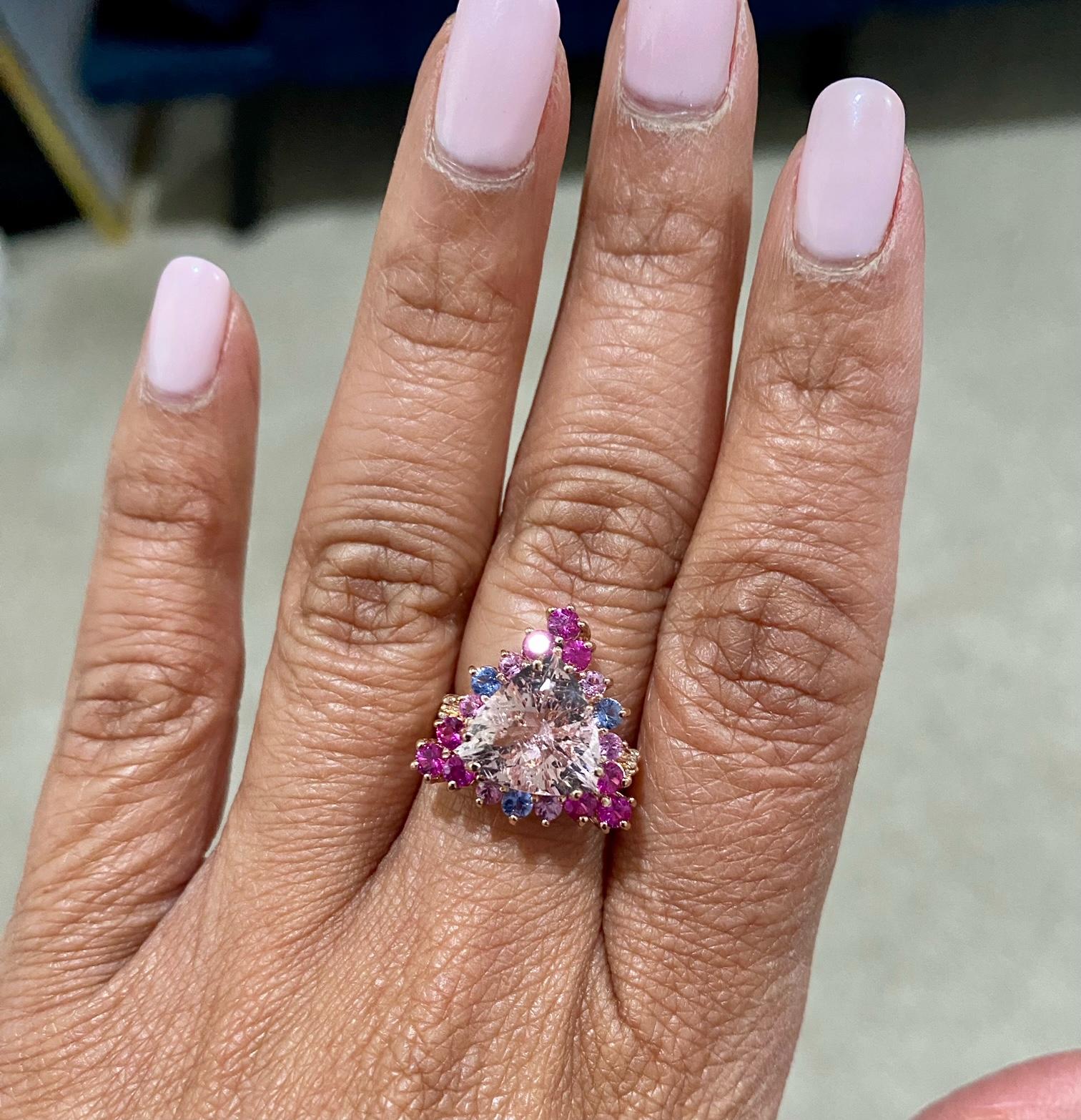 4.28 Carat Pink Morganite Diamond Sapphire Rose Gold Cocktail Ring In New Condition For Sale In Los Angeles, CA