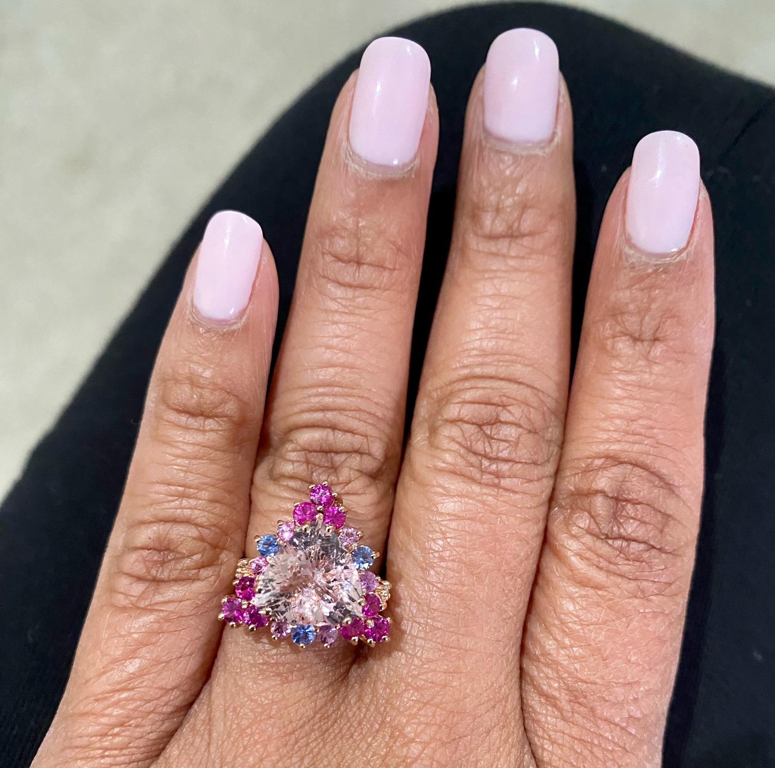 Women's 4.28 Carat Pink Morganite Diamond Sapphire Rose Gold Cocktail Ring For Sale