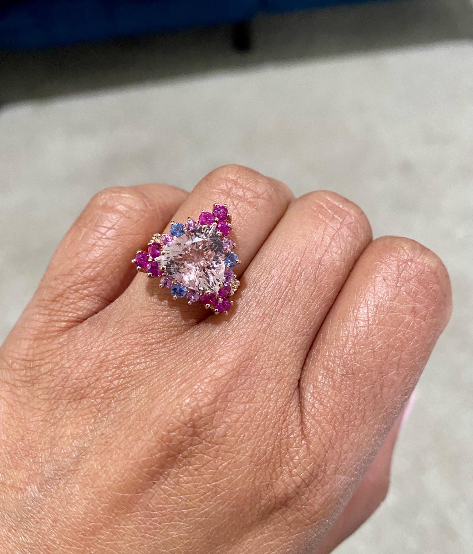 4.28 Carat Pink Morganite Diamond Sapphire Rose Gold Cocktail Ring For Sale 1
