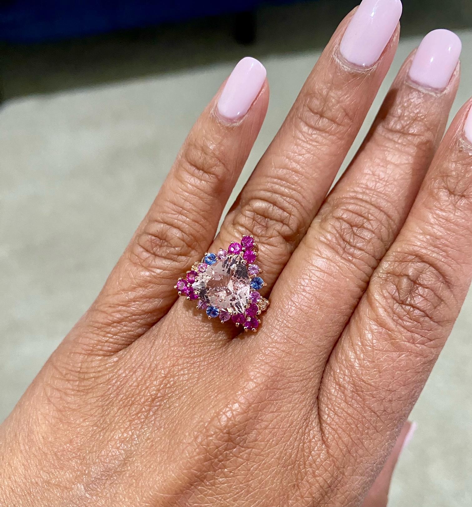 4.28 Carat Pink Morganite Diamond Sapphire Rose Gold Cocktail Ring For Sale 2